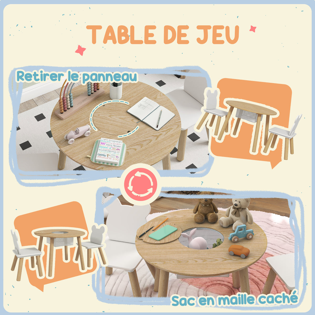 Ensemble 1 table ronde, 2 chaises pour enfant 3 pièces, dossier en forme d'ours, activités, bricolage, repas, 3-6 ans