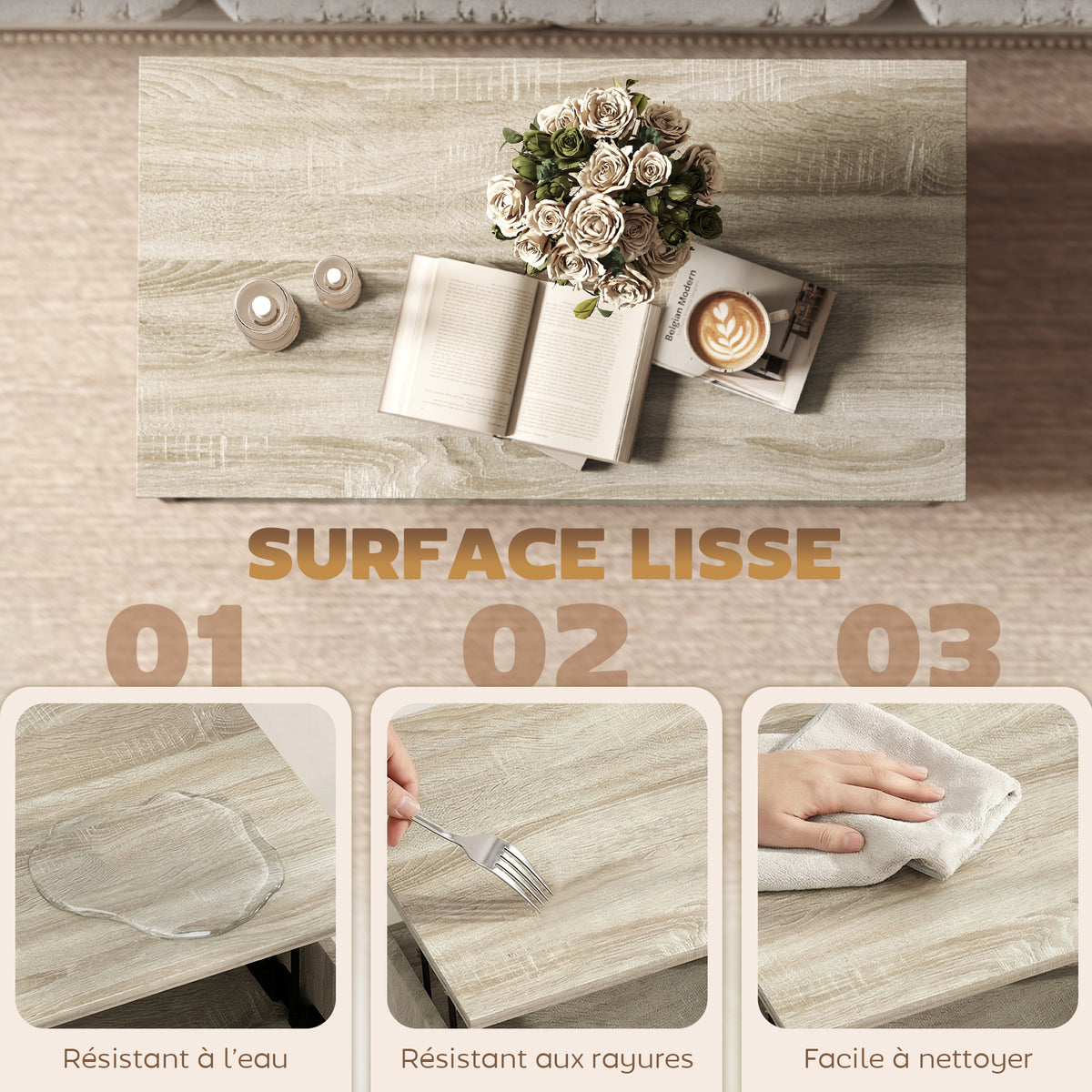 Mesa de centro elevable, mesa de salón con compartimento oculto y estantes abiertos, 75 x 40 x 58 cm, madera natural