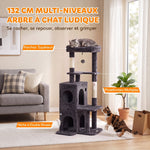 Krabpaal 4 Niveaus 132 cm, Slaaphuisje, Mandje, Plateau, Sisal Krabpalen, Hangend Speeltje, Donkergrijs