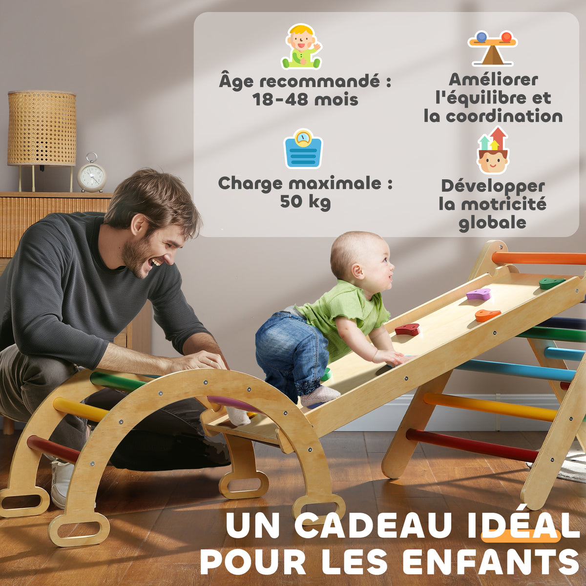 5 en 1 Triangle arche d'escalade enfants avec rampe d'escalade réversible toboggan bascule multicolore