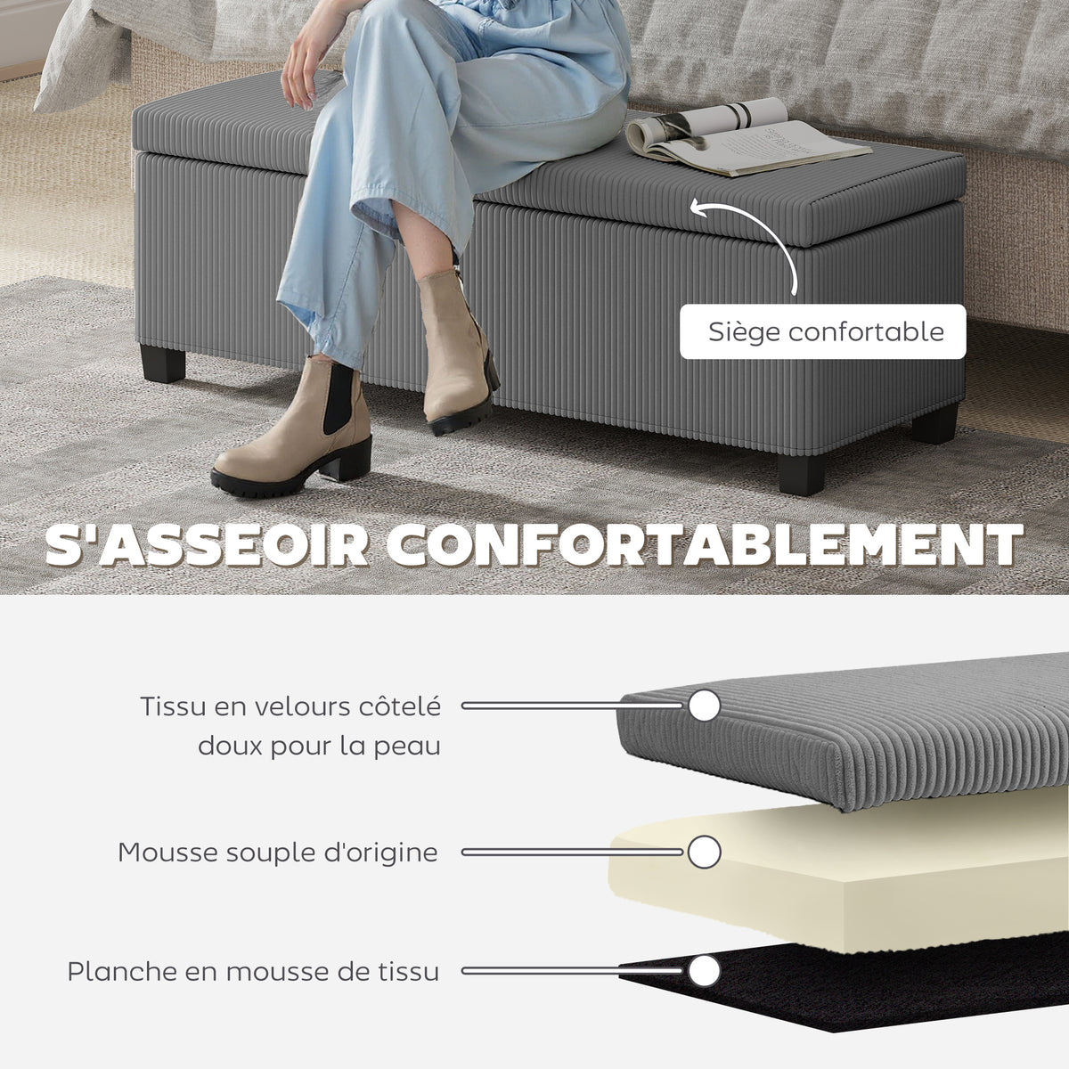 Banc de rangement bout de lit en velours côtelé avec couvercle, pour salon, chambre, entrée, 112 x 42 x 40 cm, gris