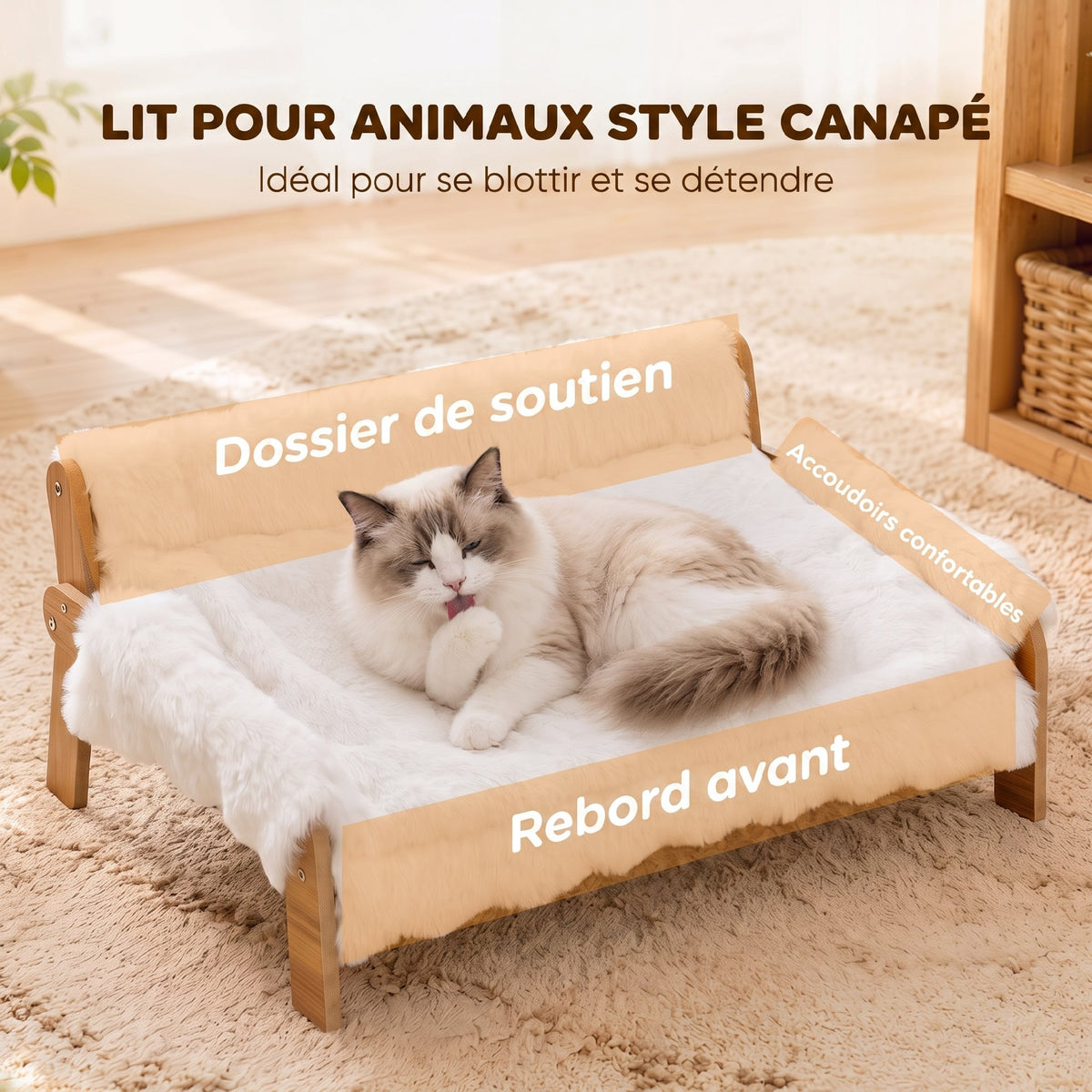 Canapé pour Chien Chat Lit Surélevé en Bois, Coussin Amovible en Peluche, Pieds Antidérapants, 70 x 47 x 30 cm, Blanc