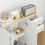 Buffet, meuble de rangement avec 3 portes, 2 tiroirs et étagère réglable, 90 x 30 x 75,5 cm, blanc et bois naturel