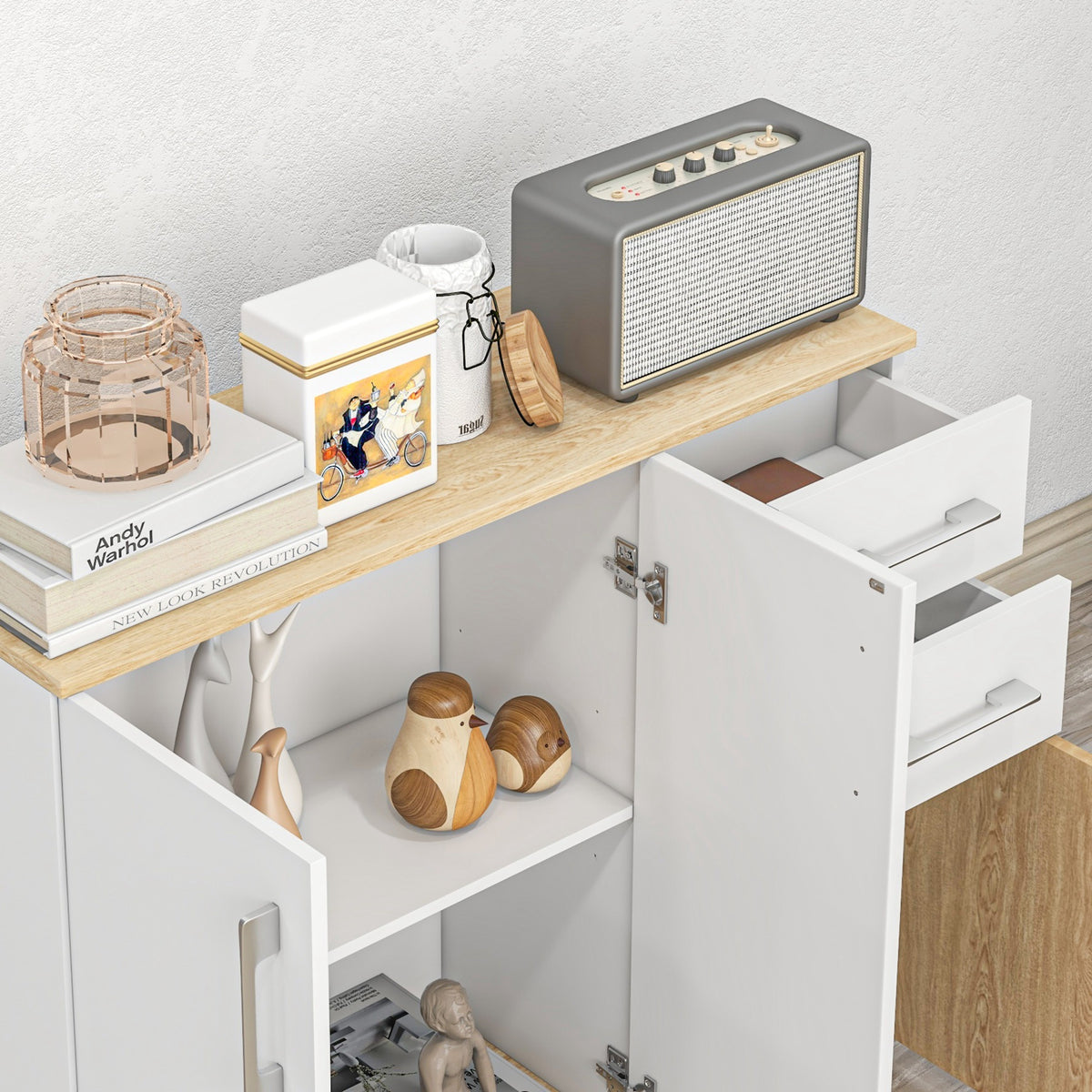 Buffet, meuble de rangement avec 3 portes, 2 tiroirs et étagère réglable, 90 x 30 x 75,5 cm, blanc et bois naturel