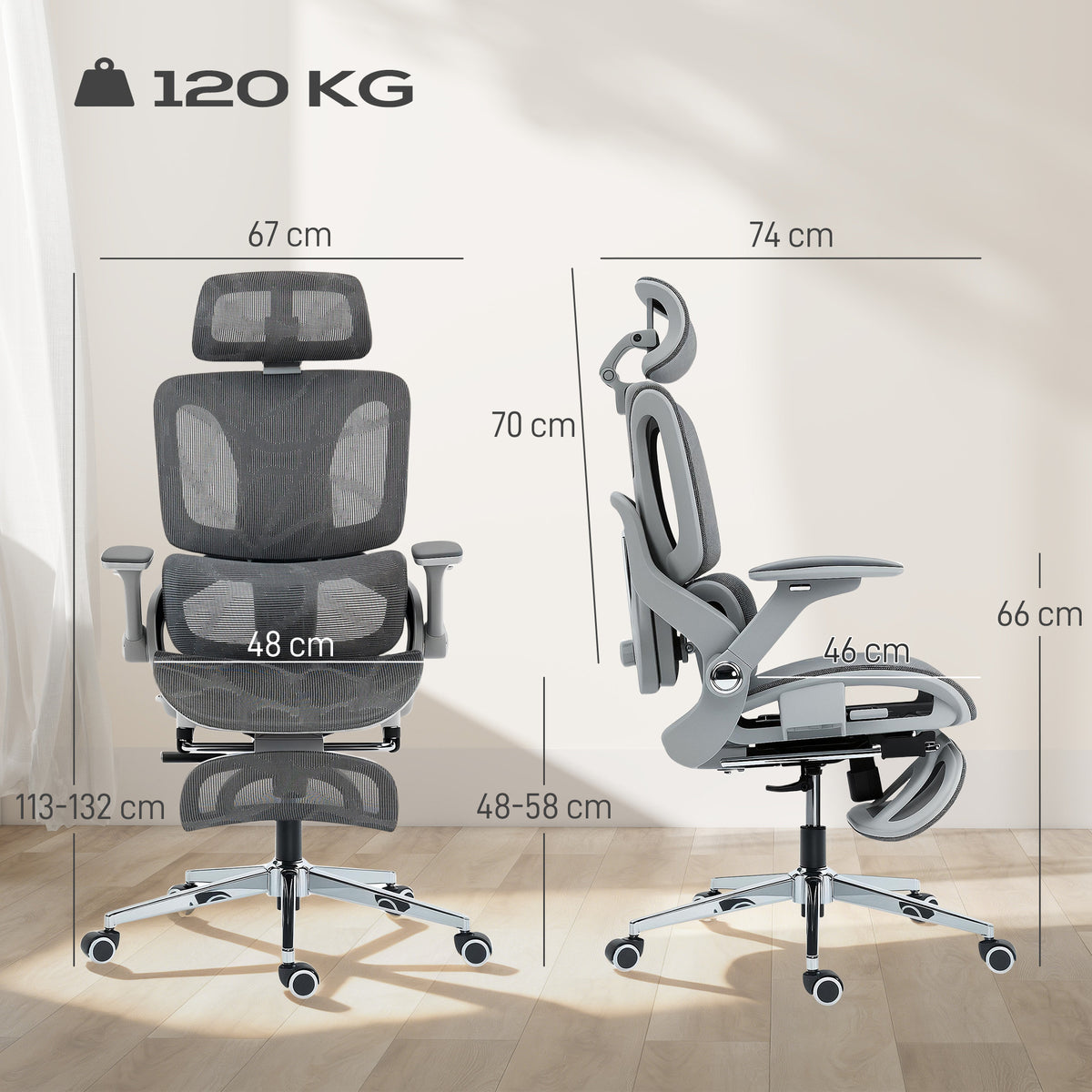 Chaise Bureau Ergonomique avec Accoudoirs 4D Appui-Tête et Profondeur d'Assise Réglables Maille Gris