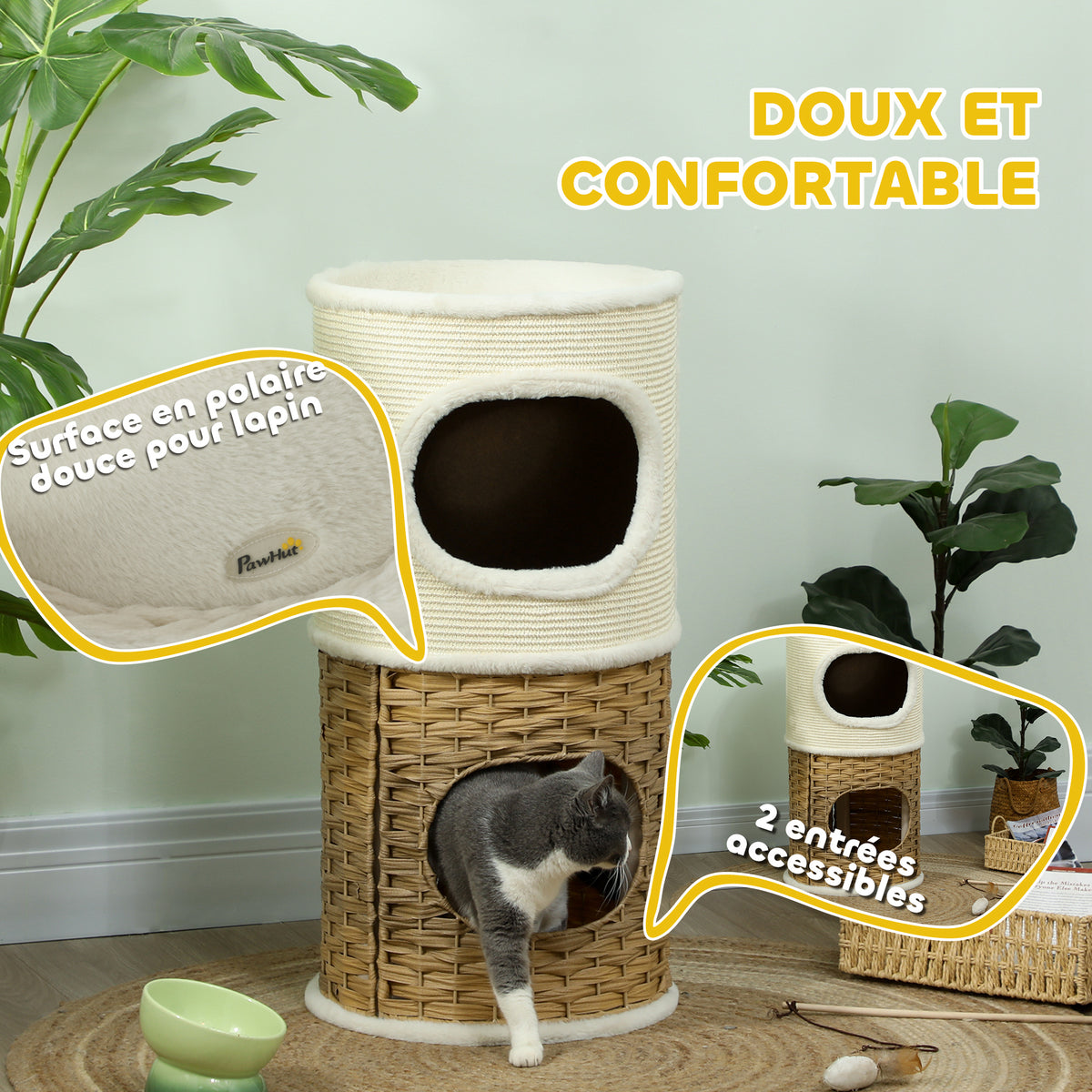 3-laagse binnenkattenmand, kattentoren met sisal krabpaal Ø 40 x 80 cm, crème