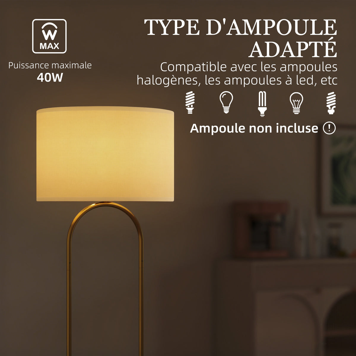 Lampadaire abat-jour en lin douille E27 style moderne interrupteur à pied pour salon et chambre 156 cm doré et noir