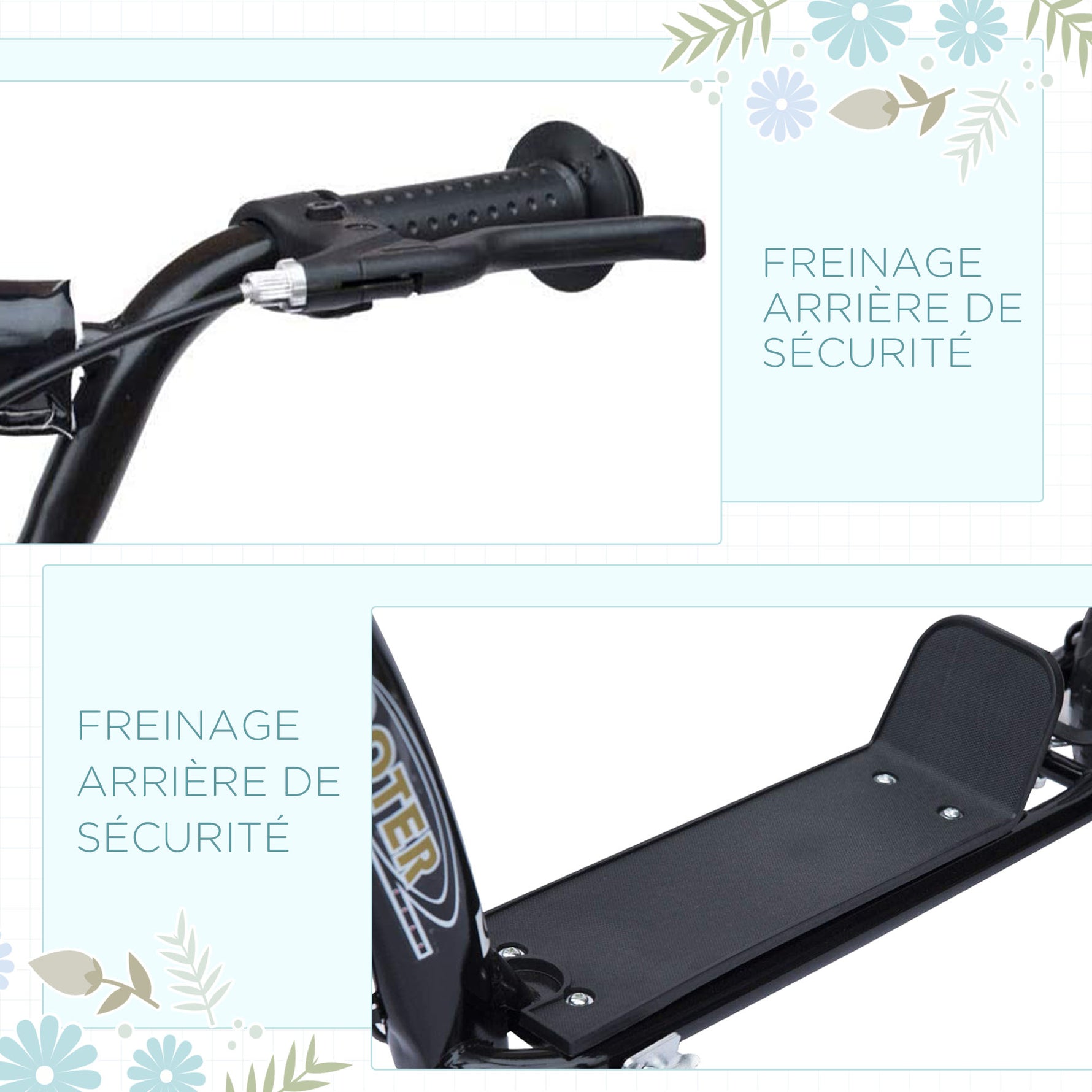 Trottinette enfant patinette pneus 30 cm Hauteur Guidon réglable poignée Frein et béquille Acier pour enfants à partir de 5 ans Noir