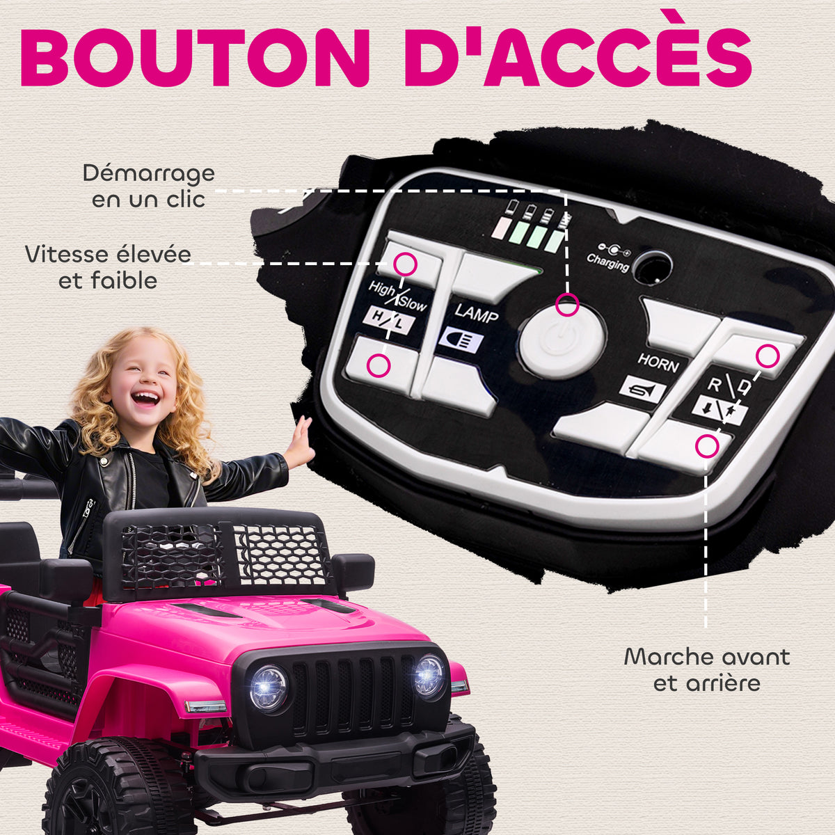 Coche eléctrico infantil, tracción trasera, 12 V, máx. 5 km/h, control remoto, efectos luminosos y sonoros, 100x65x72 cm, rosa