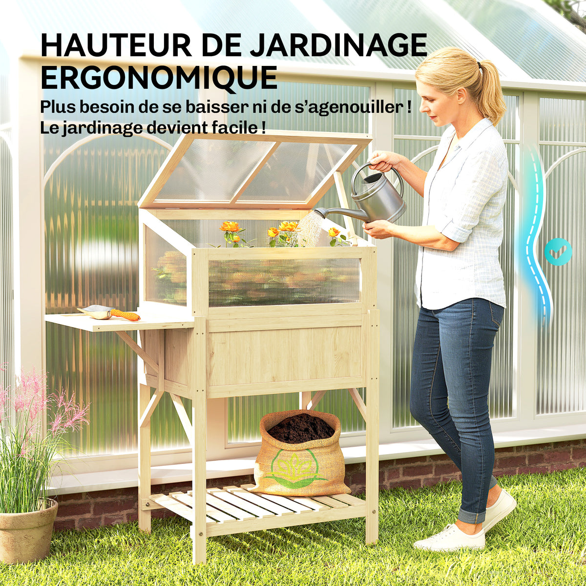 Carré potager sur pieds avec serre, jardinière surélevée, table latérale pliante et étagère, 104x50x120cm, bois naturel
