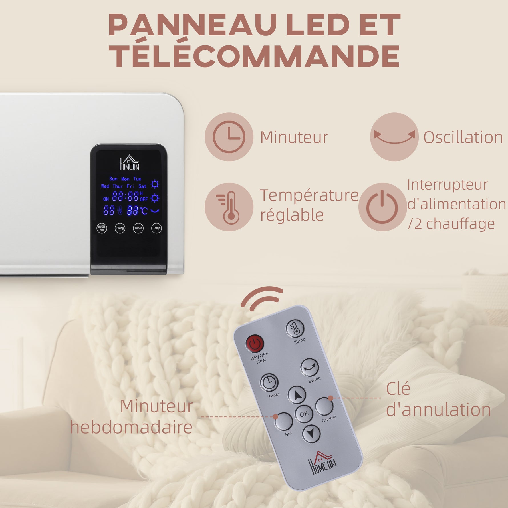 Radiateur soufflant mural chauffage céramique PTC - 1000 W / 2000 W oscillation minuterie avec télécommande blanc