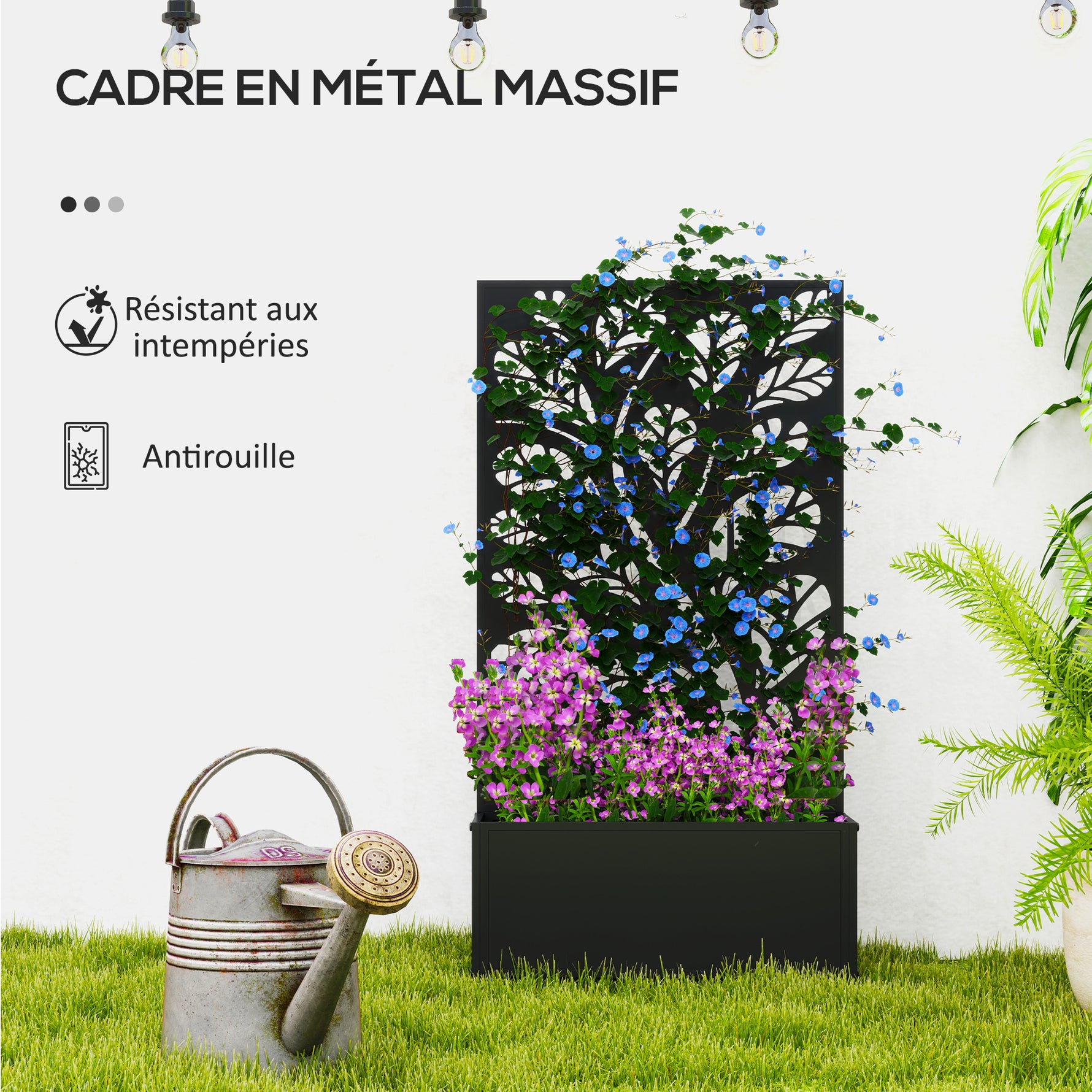 Jardinière avec brise-vue paravent treillis pour Plante Grimpante, bac à Fleurs - dim. 61L x 23l x 113H cm