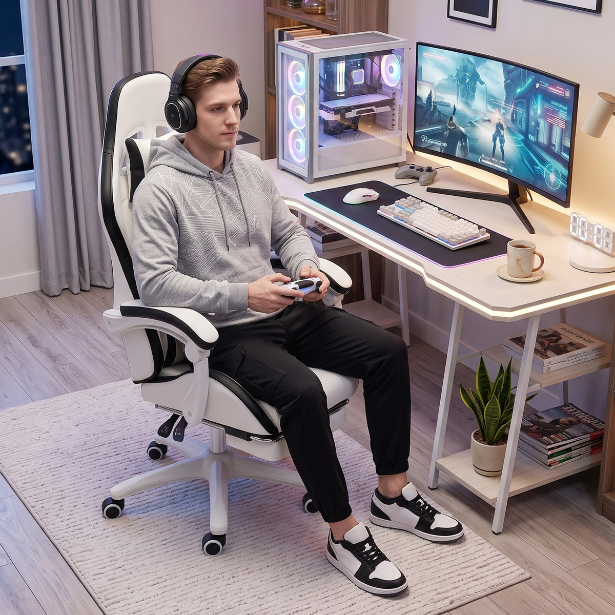 Siège gaming fauteuil gaming dossier inclinable 135° avec appui-tête repose-pieds 65l x 65P x 121-129H cm blanc et noir