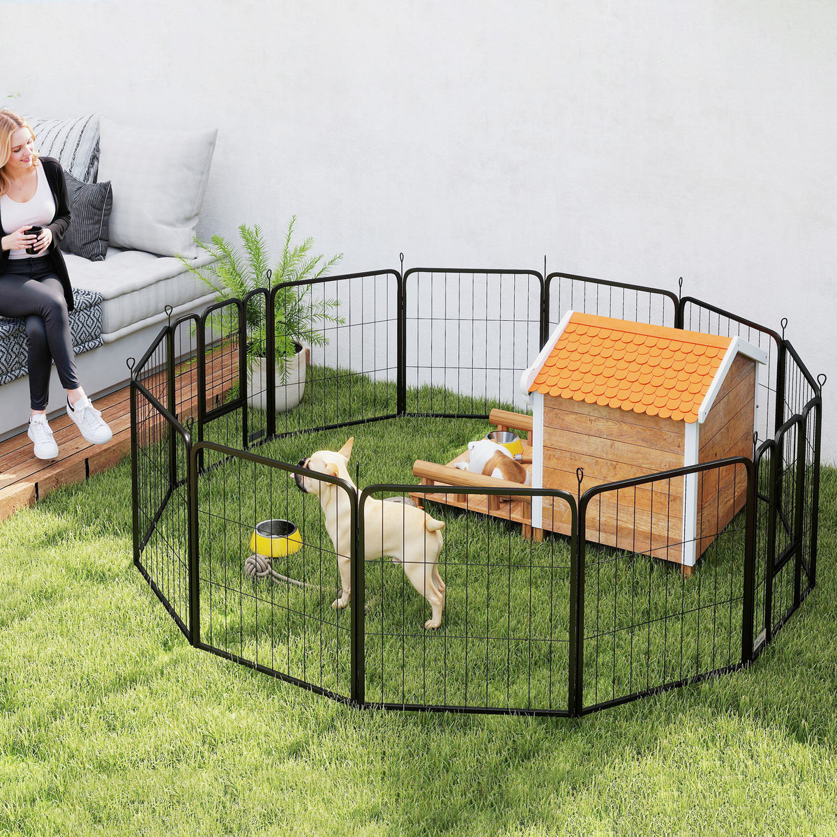 Parc pour chien, enclos chien 12 panneaux modulable et pliable, portable en acier avec porte 68 x 80 noir