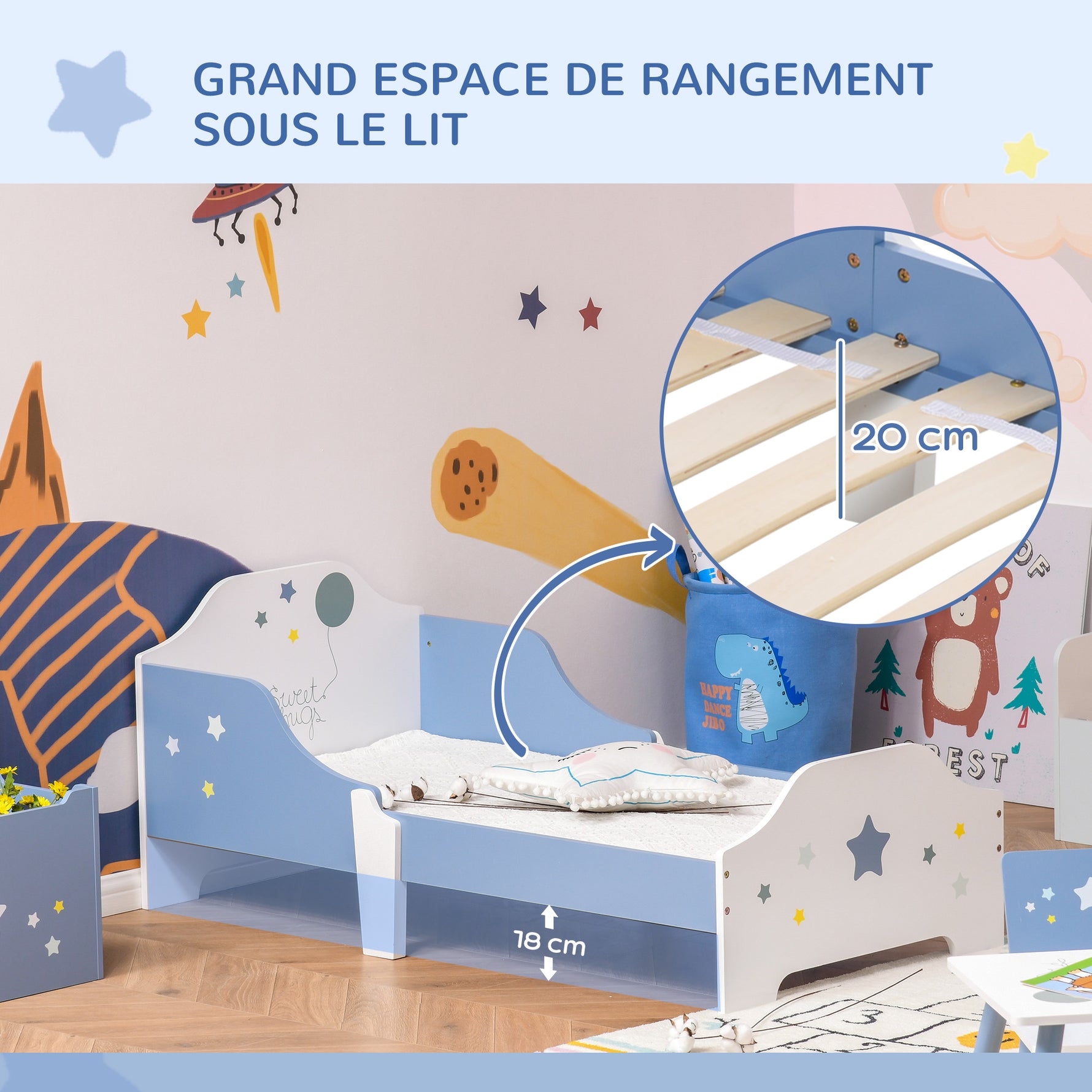 Lit pour enfants de 3 à 6 ans design étoiles sommier à lattes inclus chambre moderne 143 x 74 x 59 cm bleu blanc