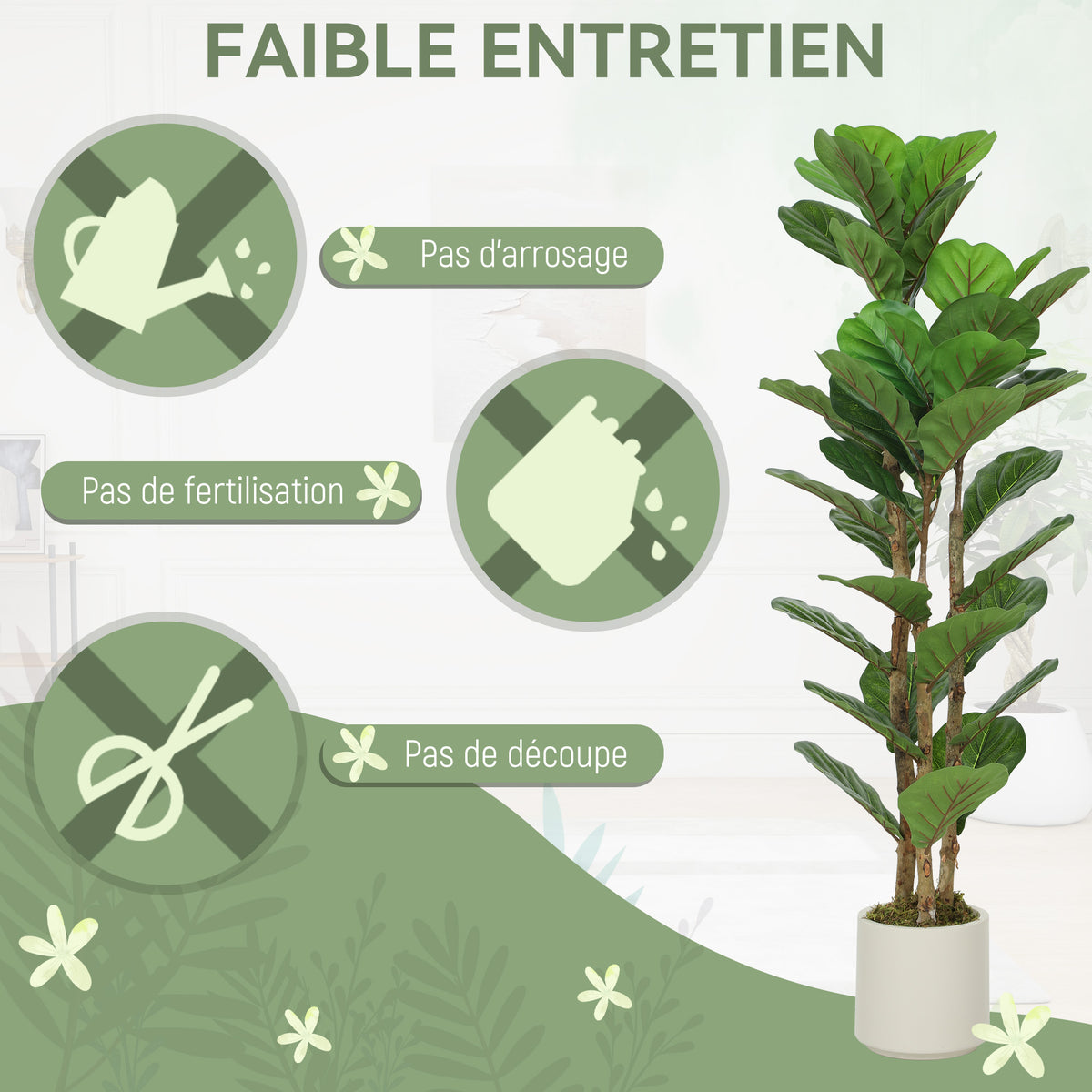 Plante artificielle intérieure 120 cm Figuier lyre arbre artificiel avec pot en plastique et tronc en bois massif, vert