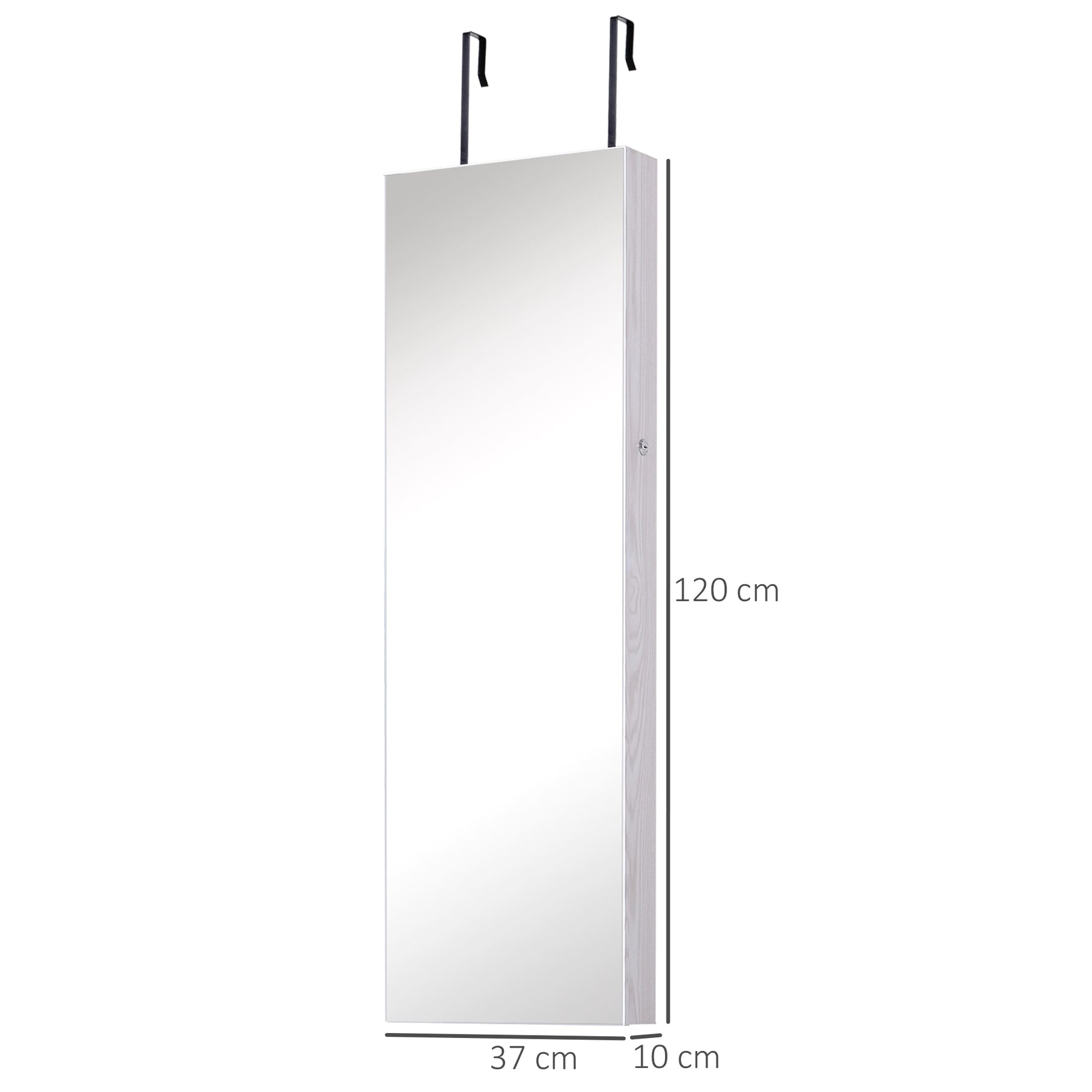 Armoire à bijoux suspendue au mur ou à la porte avec miroir, LED, 5 étagères, 2 tiroirs, 37x10x120cm, effet bois grisé