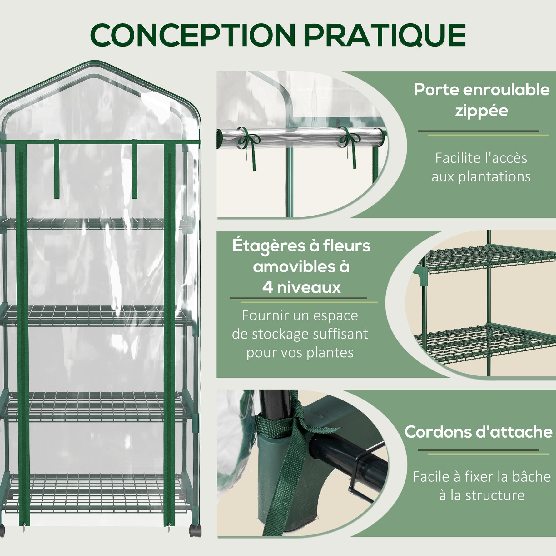 Serre de jardin avec étagères 4 niveaux, serre de balcon, bâche renforcée, châssis en acier, porte zippée, pour légumes plantes fleurs, intérieur et extérieur, 69 x 50 x 165 cm, transparent