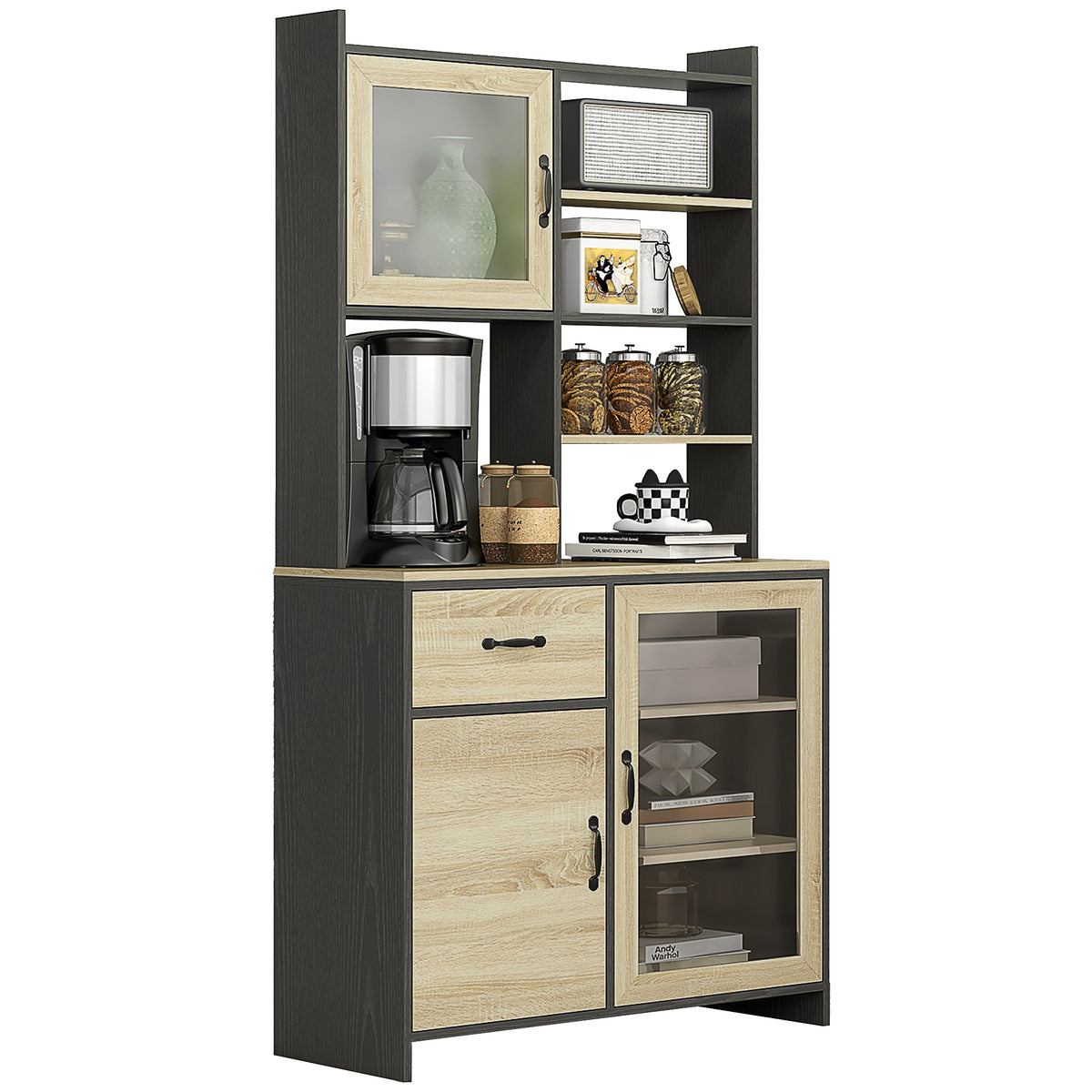 Armoire de cuisine buffet haut avec 1 tiroir 3 placards étagères 2 portes vitrées 90 x 39 x 177 cm noir naturel