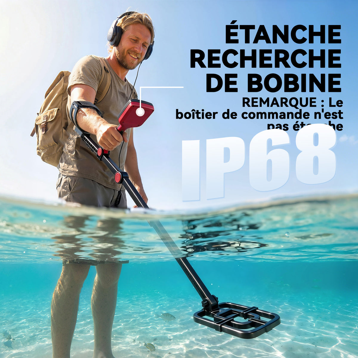 Détecteur de Métaux, Bobine Étanche IP68 avec Écran LCD, 4 Modes, Haute Précision Hauteur Réglable, 139x26x30cm, Noir