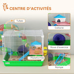 Cage à hamster rongeur 2 niveaux avec tunnel, biberon eau, roue, maisonnette, échelles 46 x 30 x 37 cm vert