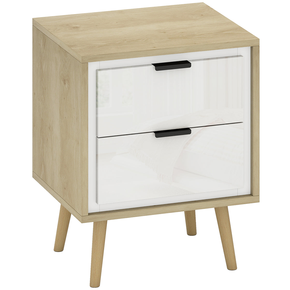 Comodino stretto, tavolino d'appoggio con 2 cassetti silenziosi e gambe in legno massello, 40 x 35 x 50 cm, bianco lucido