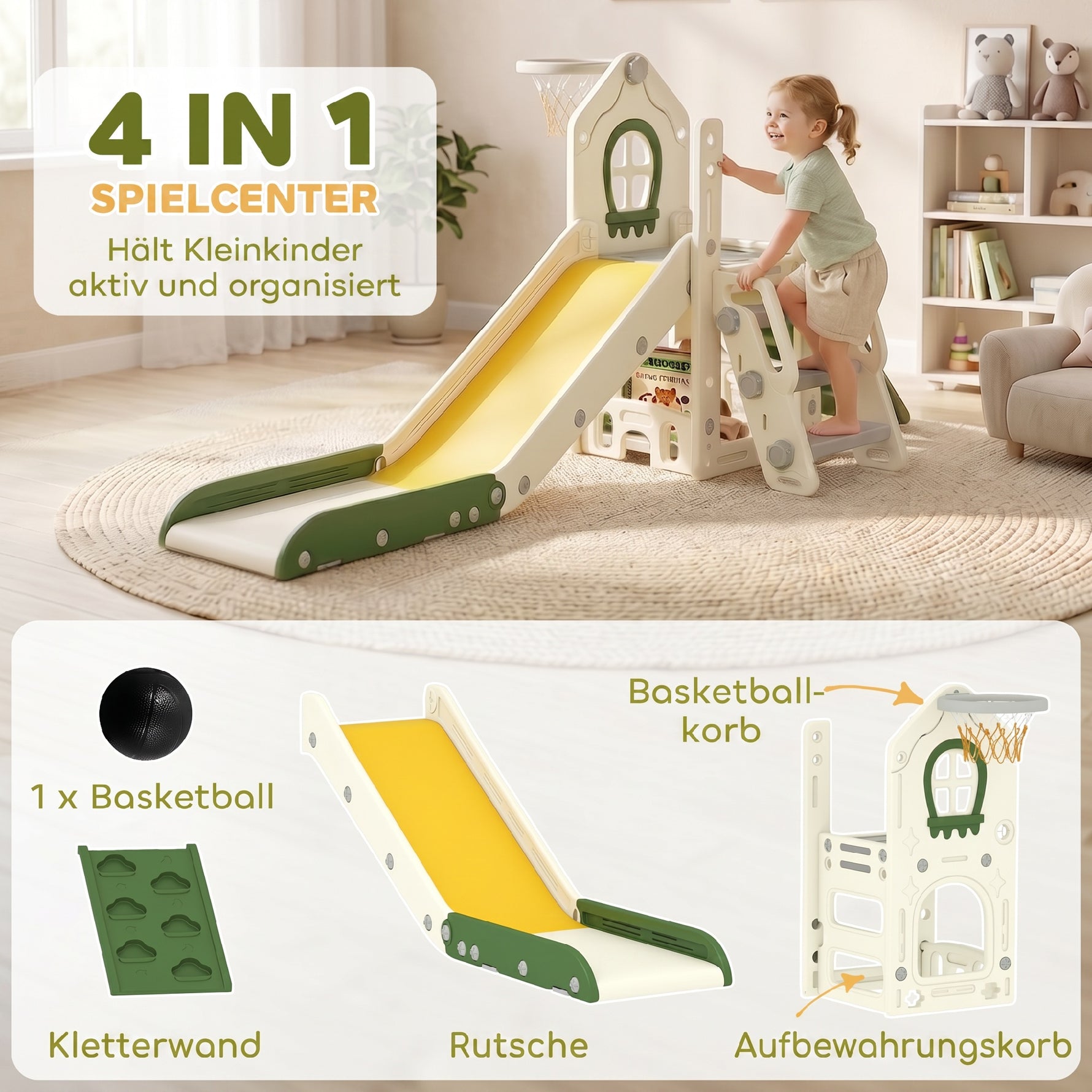 Toboggan pour Enfant Pliable 5-en-1 avec Escalade, Panier de Basket, Espace de Rangement et Ballon, Crème
