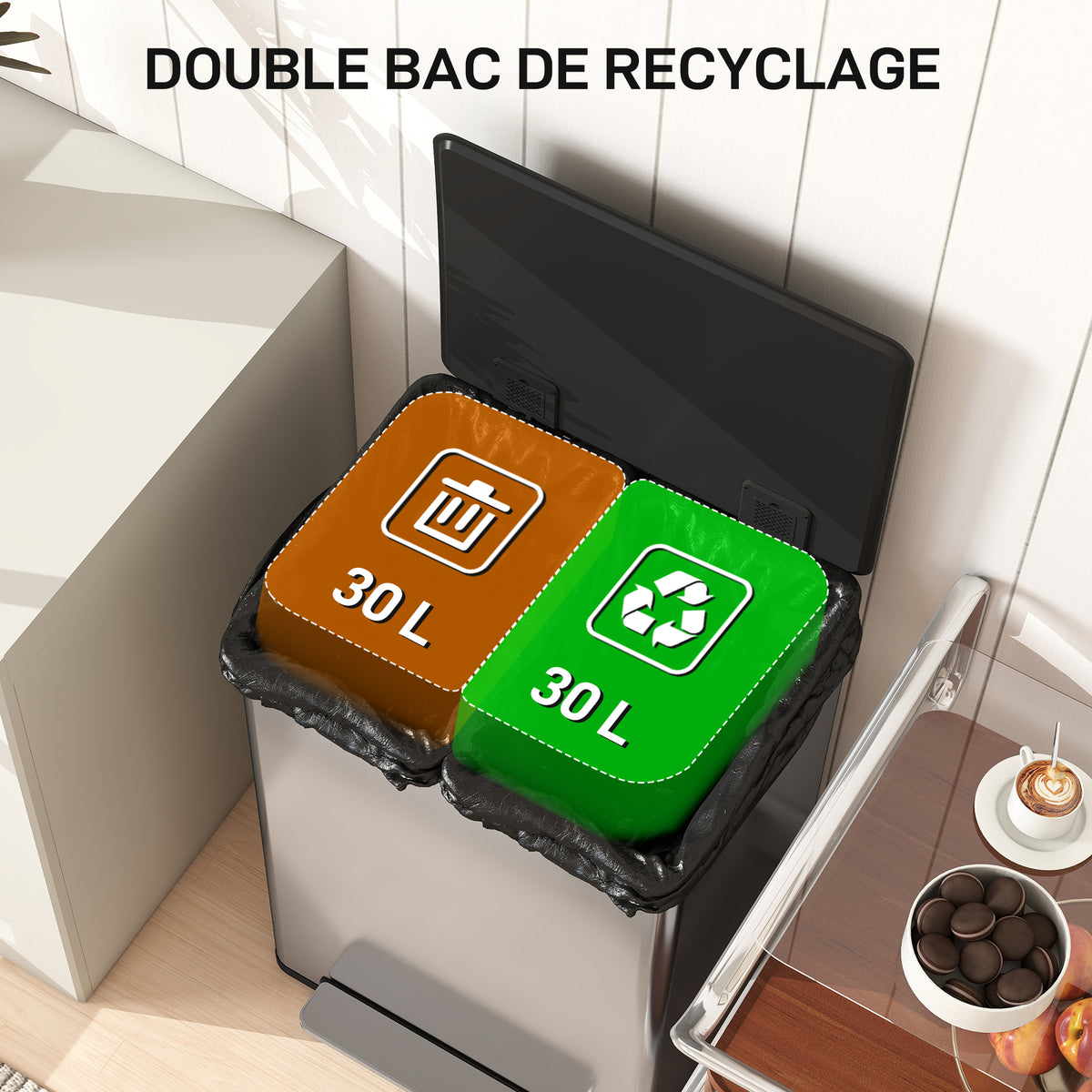 Poubelle à double compartiment 2 x 30L, poubelle cuisine à pédale, couvercle à fermeture douce, 47,5x37,5x67cm, argent