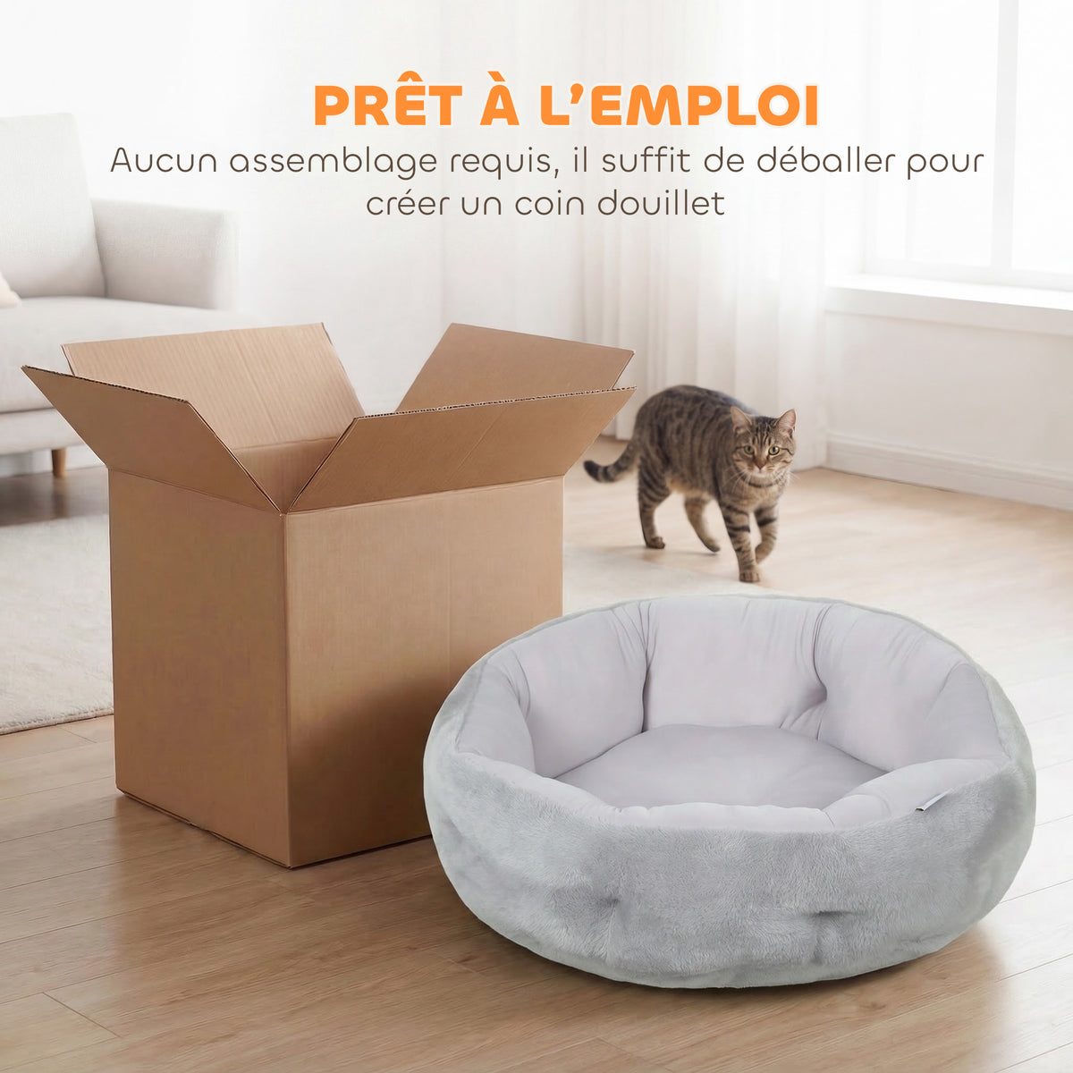 Lit pour chat réversible, lit pour chats d'intérieur et petits chiens, lit rond avec rebord de soutien, gris clair