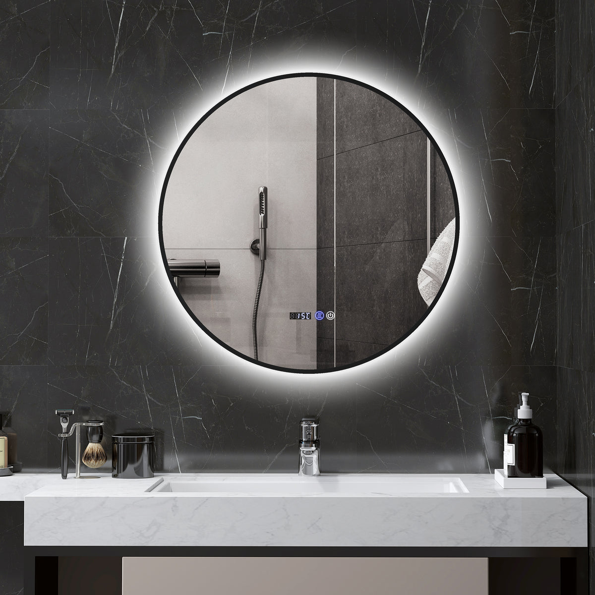 Miroir de salle de bain rond avec éclairage LED, intensité variable, fonction anti-buée, interrupteur tactile, noir