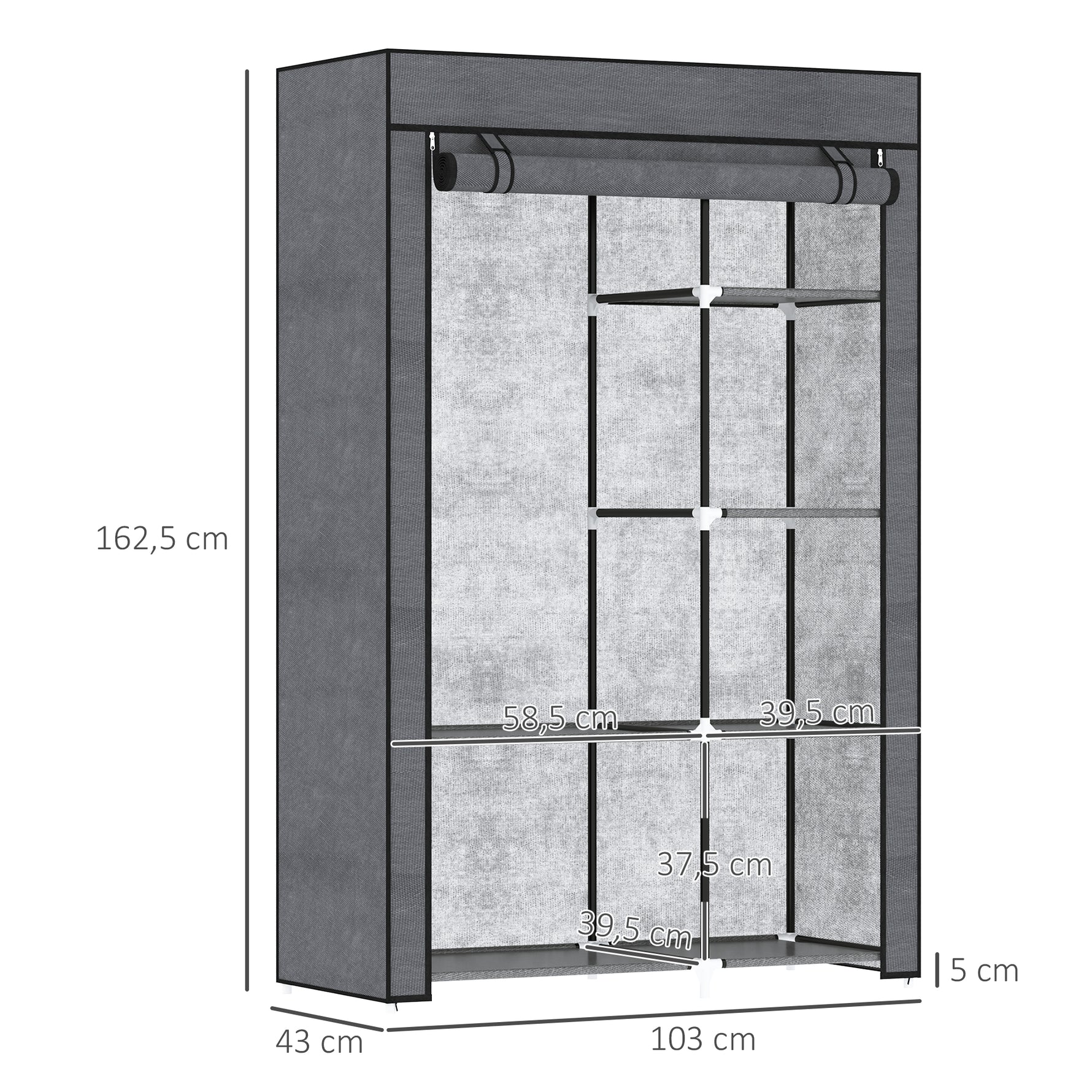 Armoire penderie multi-rangement - 6 étagères, 1 barre - non tissé gris