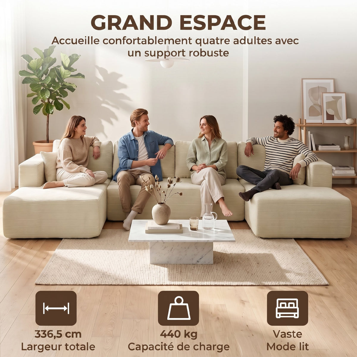 Canapé Modulaire en U Compressé 337 cm, Canapé Convertible 4 places en Velours Côtelé, Assise Large, Crème