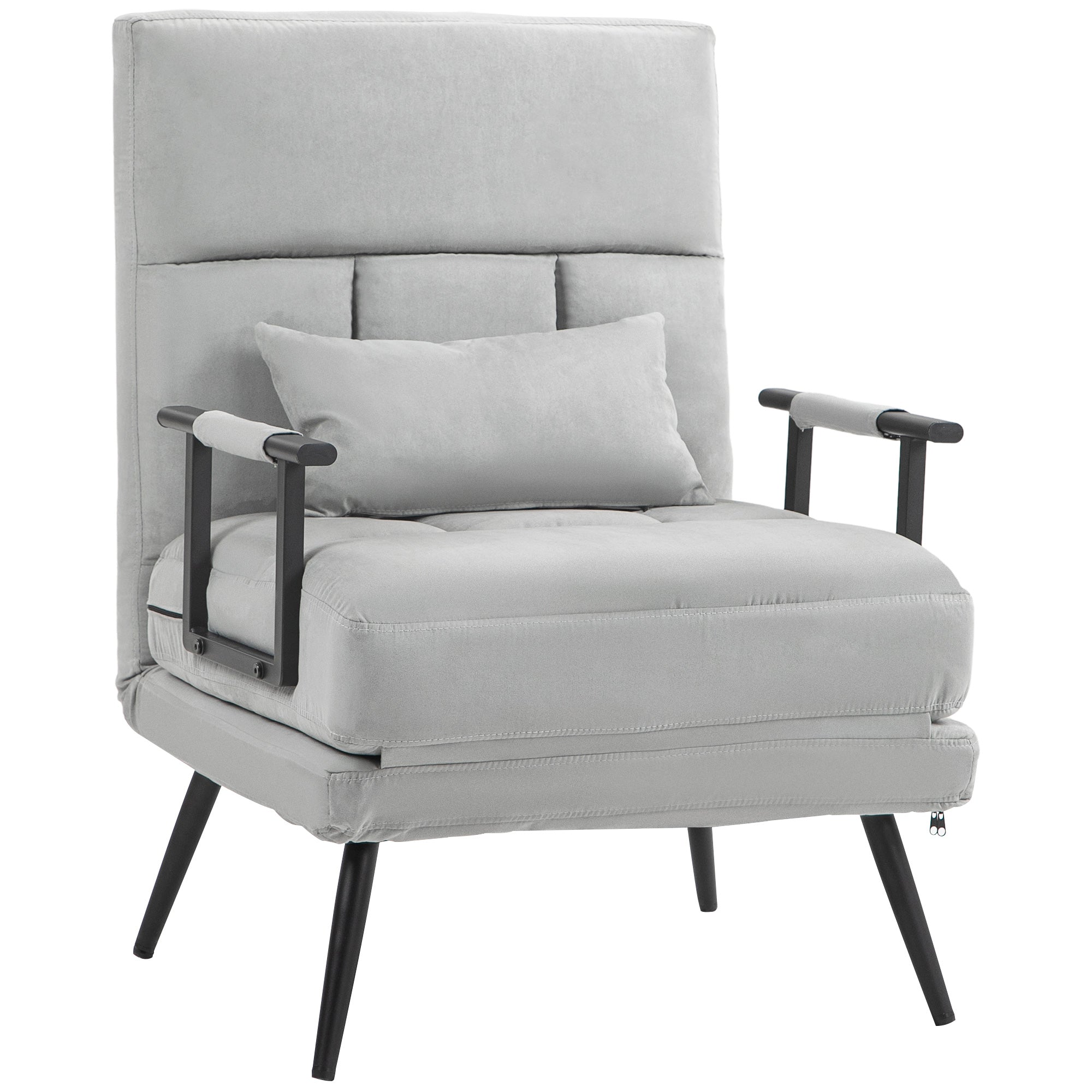 Fauteuil convertible 3 en 1 lit 1 place dossier inclinable 5 positions, accoudoirs et coussin, tissu effet velours, gris