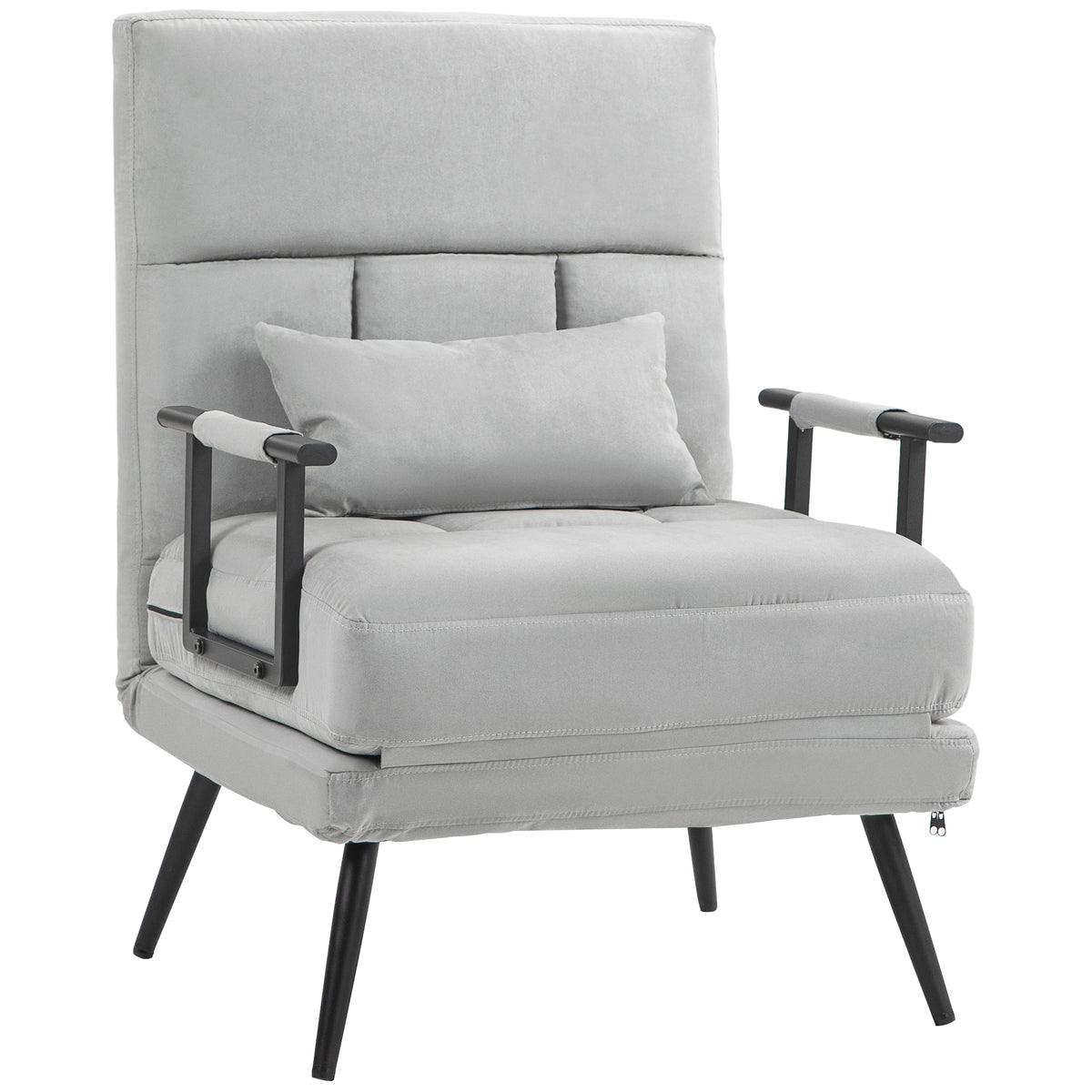 Fauteuil convertible 3 en 1 lit 1 place dossier inclinable 5 positions, accoudoirs et coussin, tissu effet velours, gris