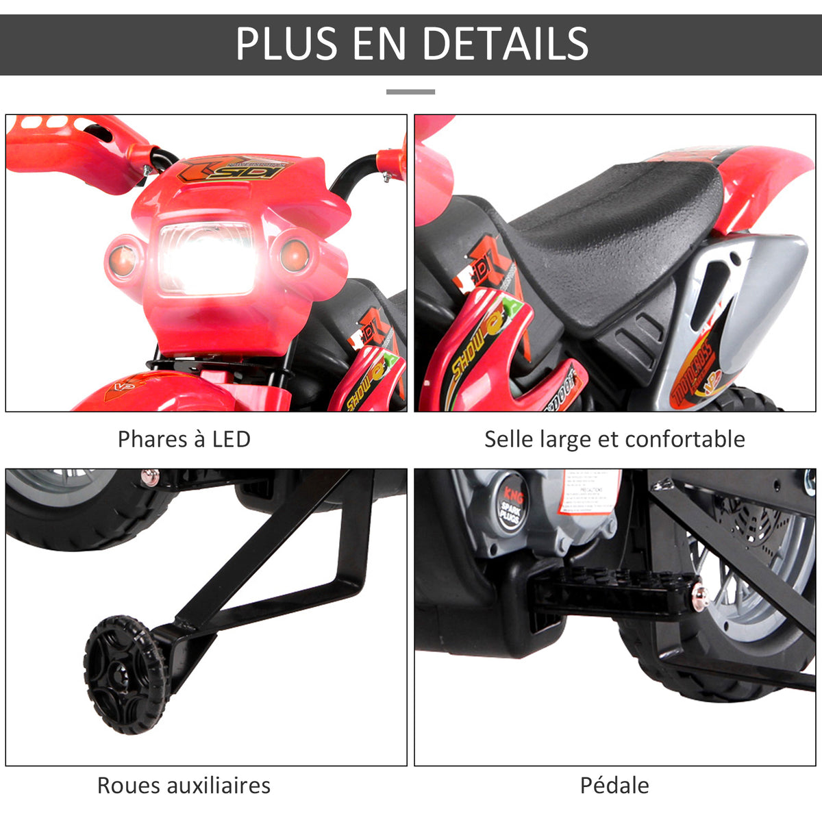 Moto Cross électrique Enfant 3 à 6 Ans 6 V phares klaxon musiques 102 x 58 x 66 cm Rouge et Noir