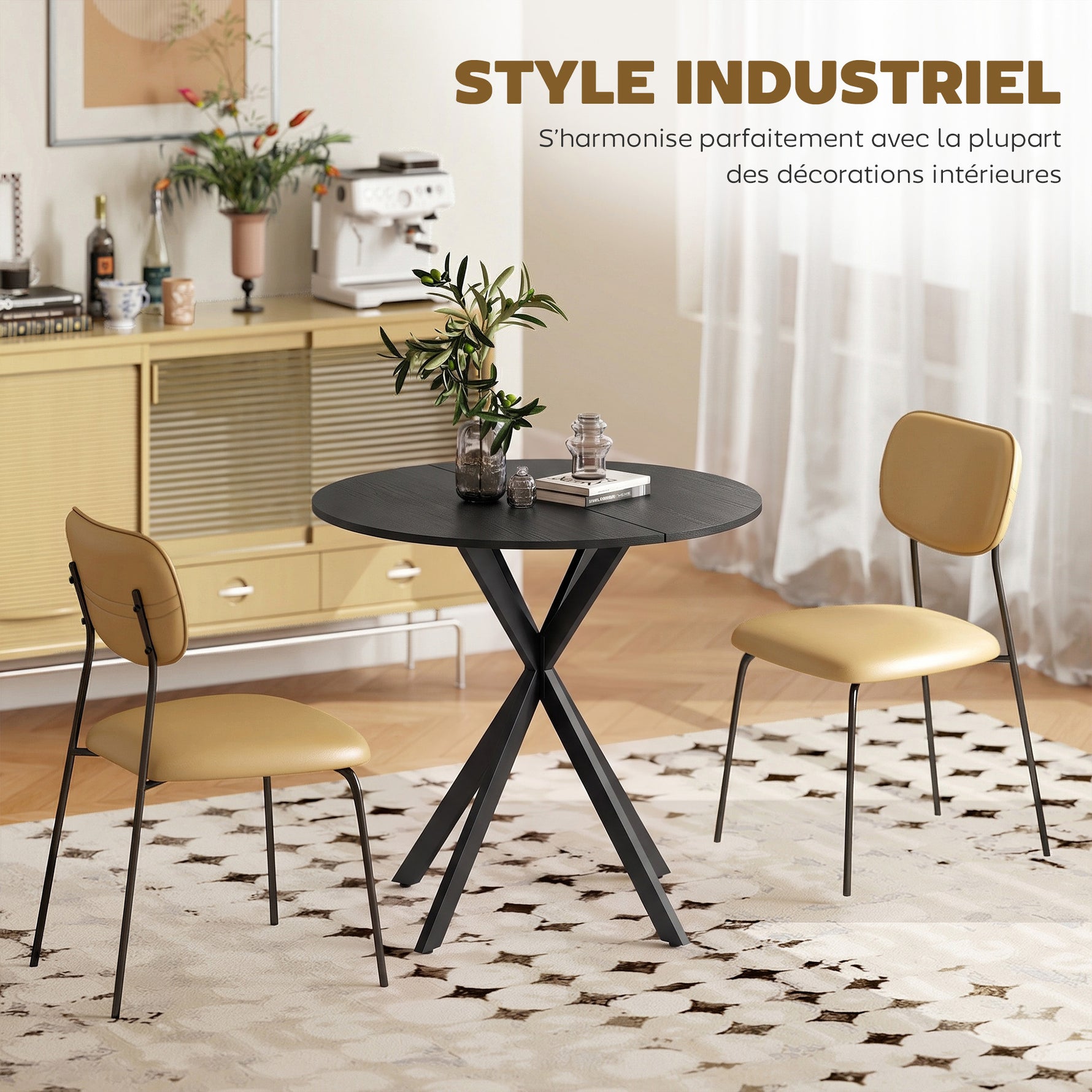 Table à Manger Ronde pour 2 Personnes avec Plateau Aspect Bois et Piètement Croisé en Acier, Noir