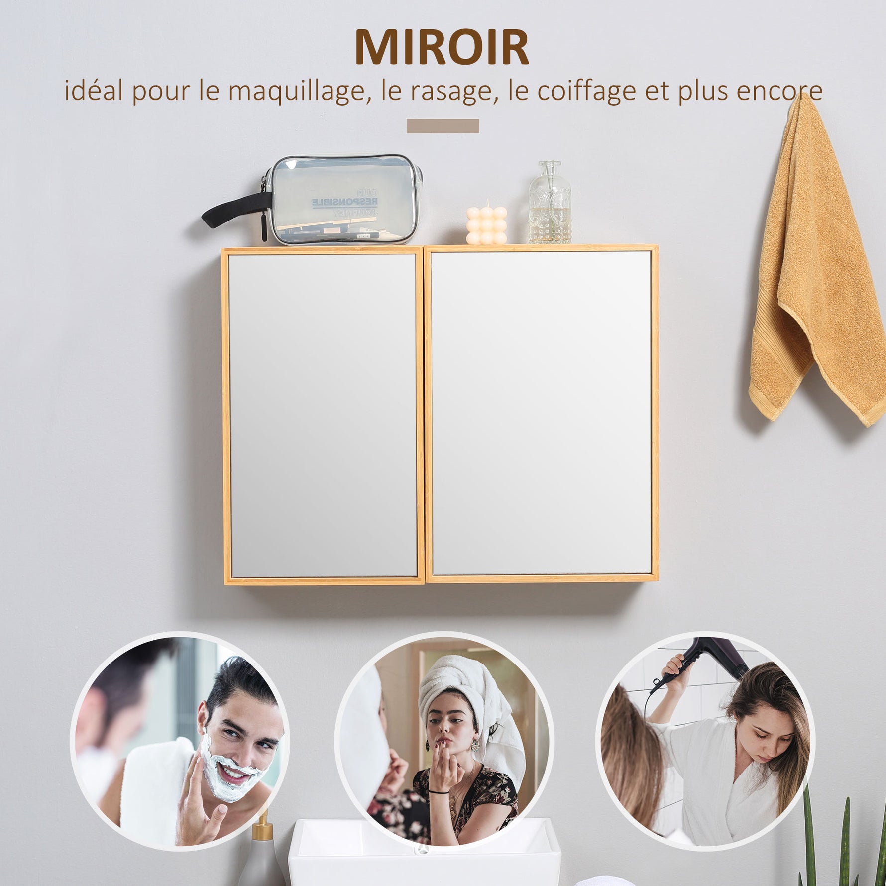 Armoire murale de salle de bain avec miroirs et 2 portes en bambou 65,2 x 14 x 50 cm