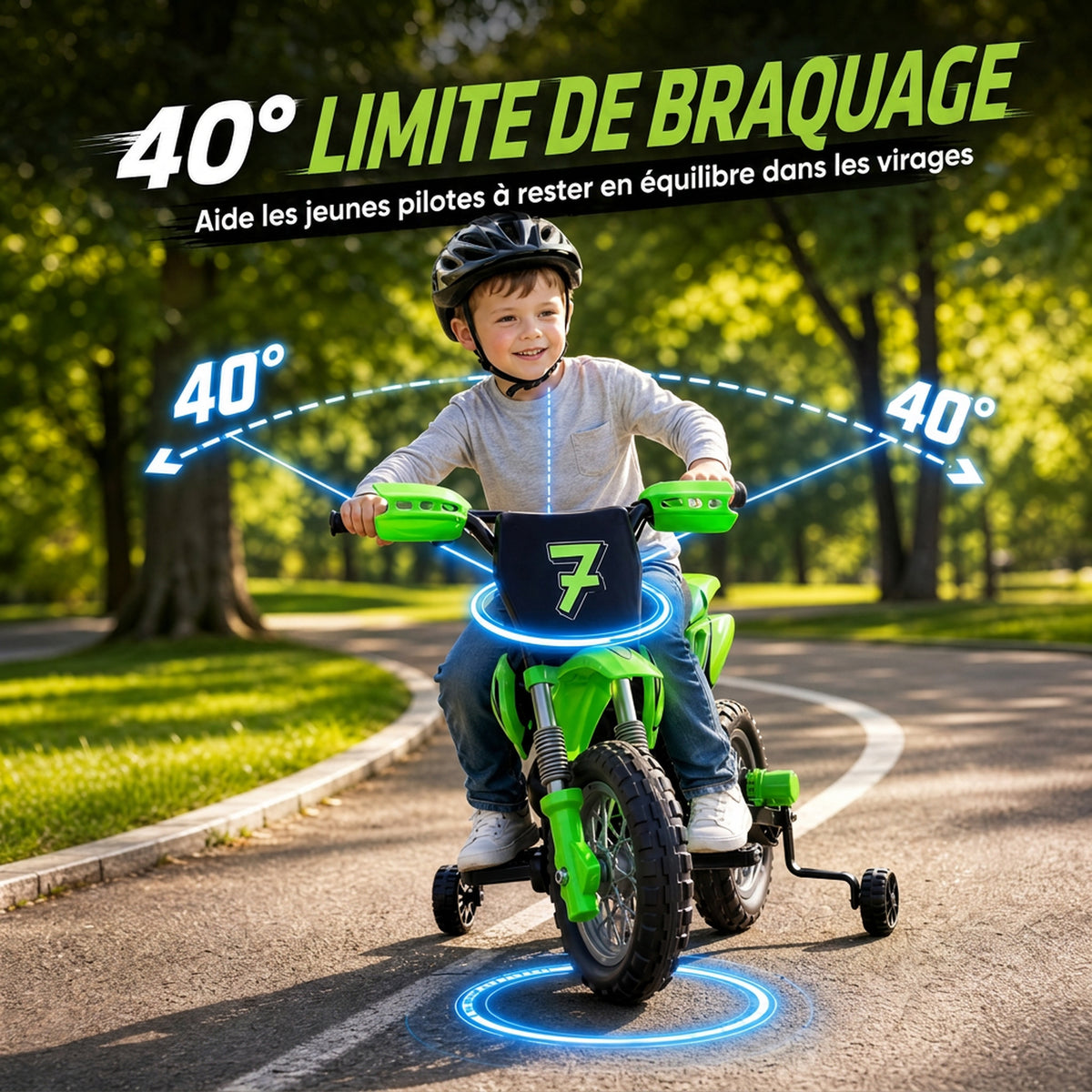 Elektro-Motorrad für Kinder 12 V, Höchstgeschwindigkeit 3 km/h, Lithium-Batterie, Doppelmotor, Hinterradfederung, Grün