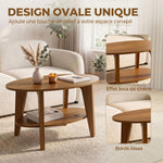 Table Basse Ovale à 2 Niveaux, Table de Salon Moderne avec Étagère Inférieure Ouverte, 80 x 50 x 45 cm, Chêne