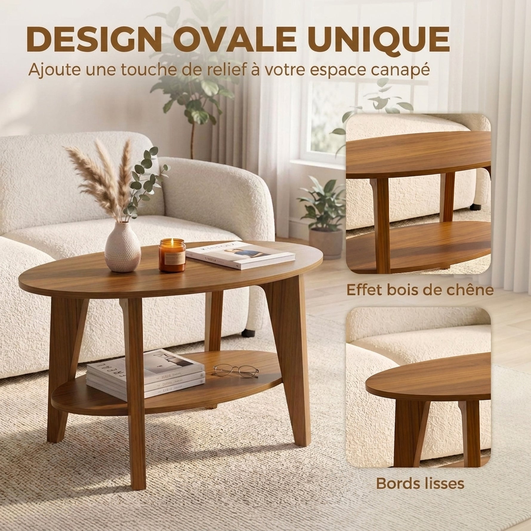 Table Basse Ovale à 2 Niveaux, Table de Salon Moderne avec Étagère Inférieure Ouverte, 80 x 50 x 45 cm, Chêne