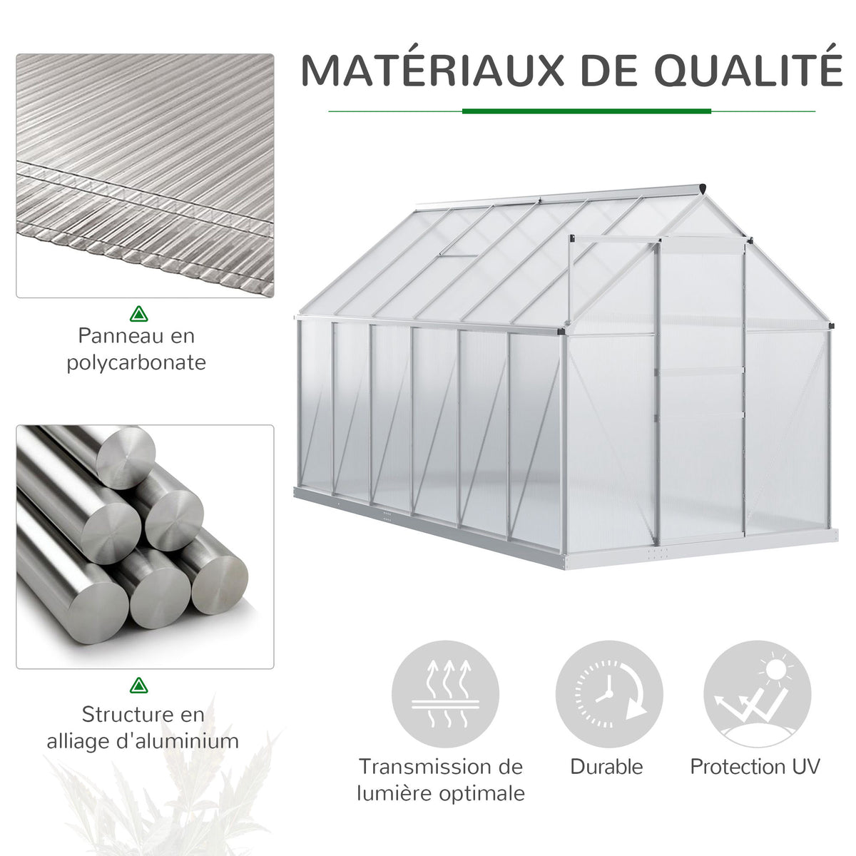 Serre de jardin 7,1 m² en aluminium polycarbonate avec fondation, 190 x 375 x 199 cm, serre avec fenêtre