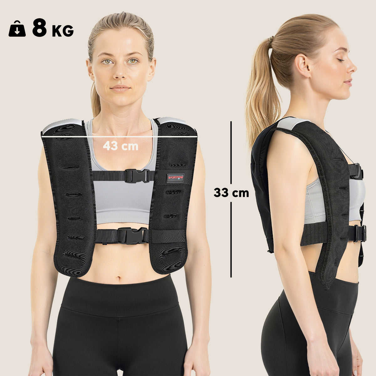 Gilet lesté 8 kg veste lestée respirant avec sangles réglables et bandes réfléchissantes en sable de fer 43 x 33 cm noir