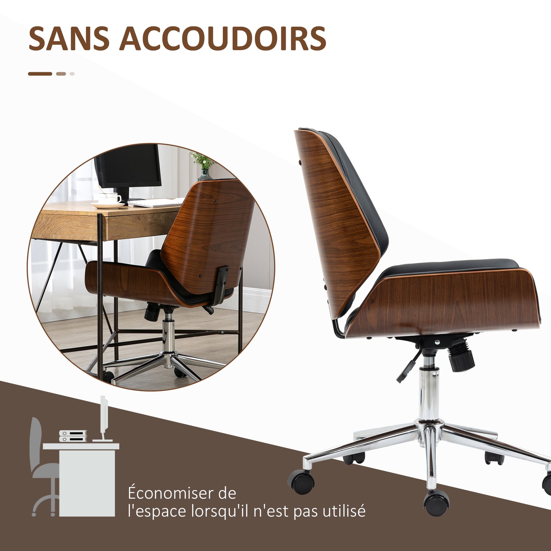 Chaise de bureau design vintage hauteur réglable pivotant 360° piètement chromé 53 x 60 x 86-96 cm gris