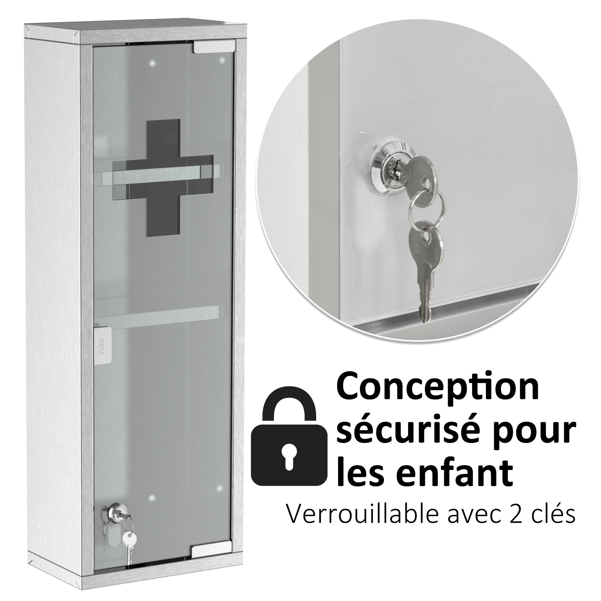 Armoire à Pharmacie 2 étagères 3 Niveaux 20L x 12l x 58H cm Porte Verre trempé Symbole Croix Acier INOX.