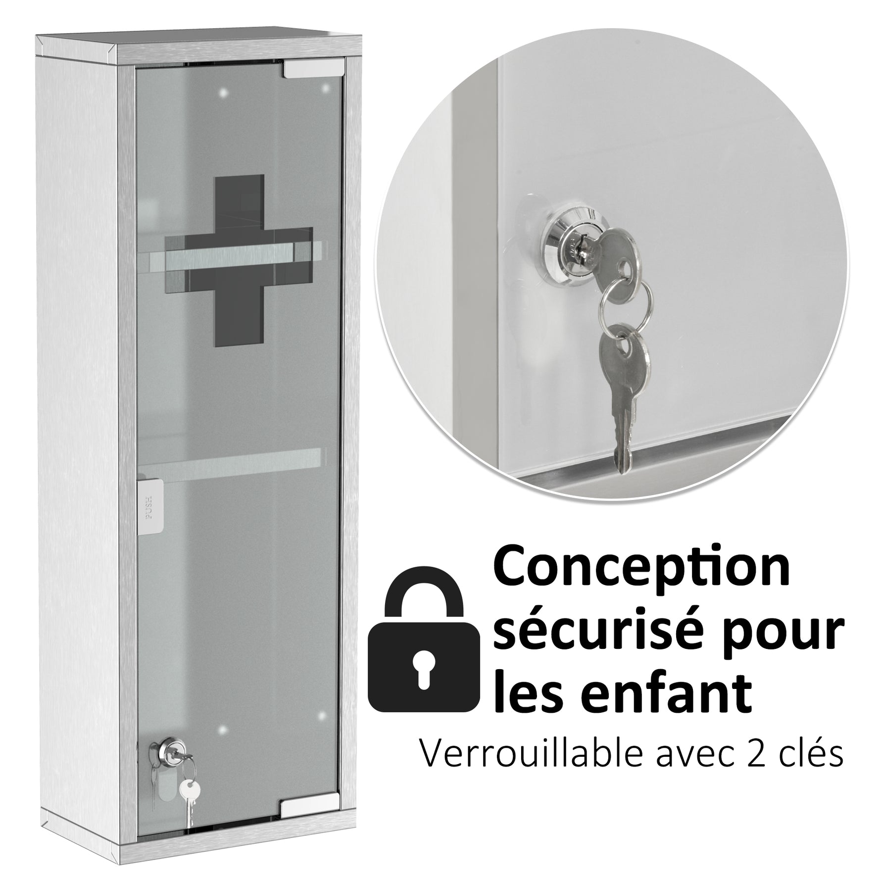 Armoire à Pharmacie 2 étagères 3 Niveaux 20L x 12l x 58H cm Porte Verre trempé Symbole Croix Acier INOX.