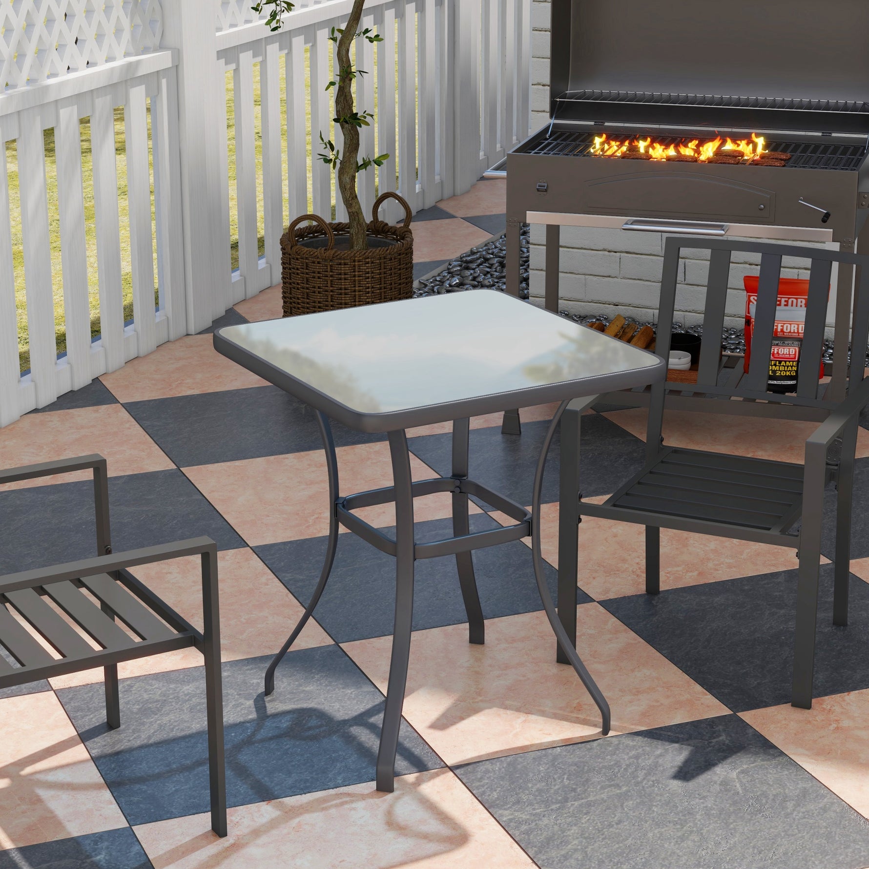 Table carrée Bistro de Jardin dim. 68L x 68l x 84H cm métal époxy Gris Plateau Verre trempé granité