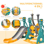 Toboggan et balançoire pour enfants 4 en 1 avec panier de basket, siège réglable, 152x149x107cm, bleu et jaune