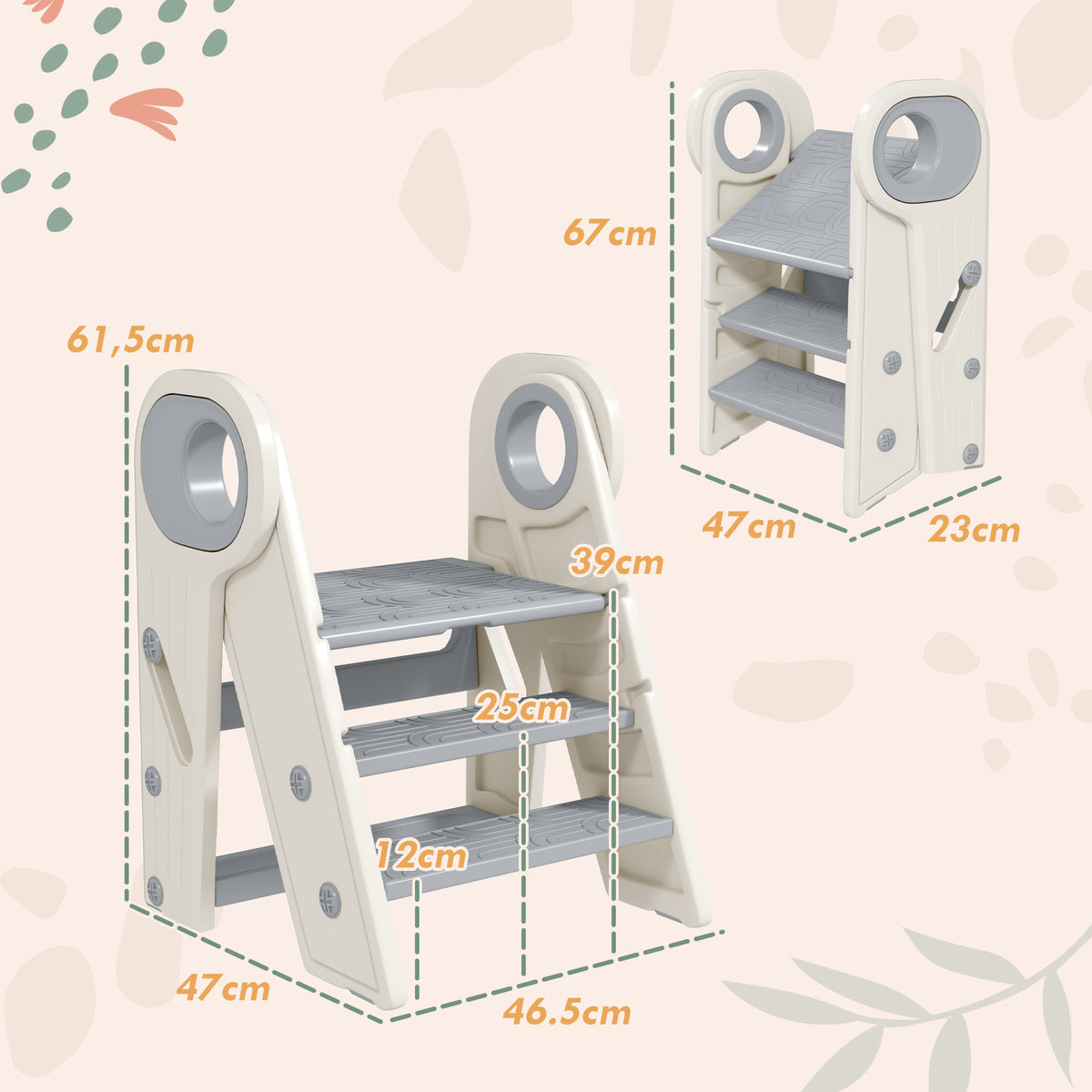 Marche pied pour enfant 3 marches, marchepied de cuisine pour enfant, pliable, hauteur ajustable de 2 à 3 marches, gris