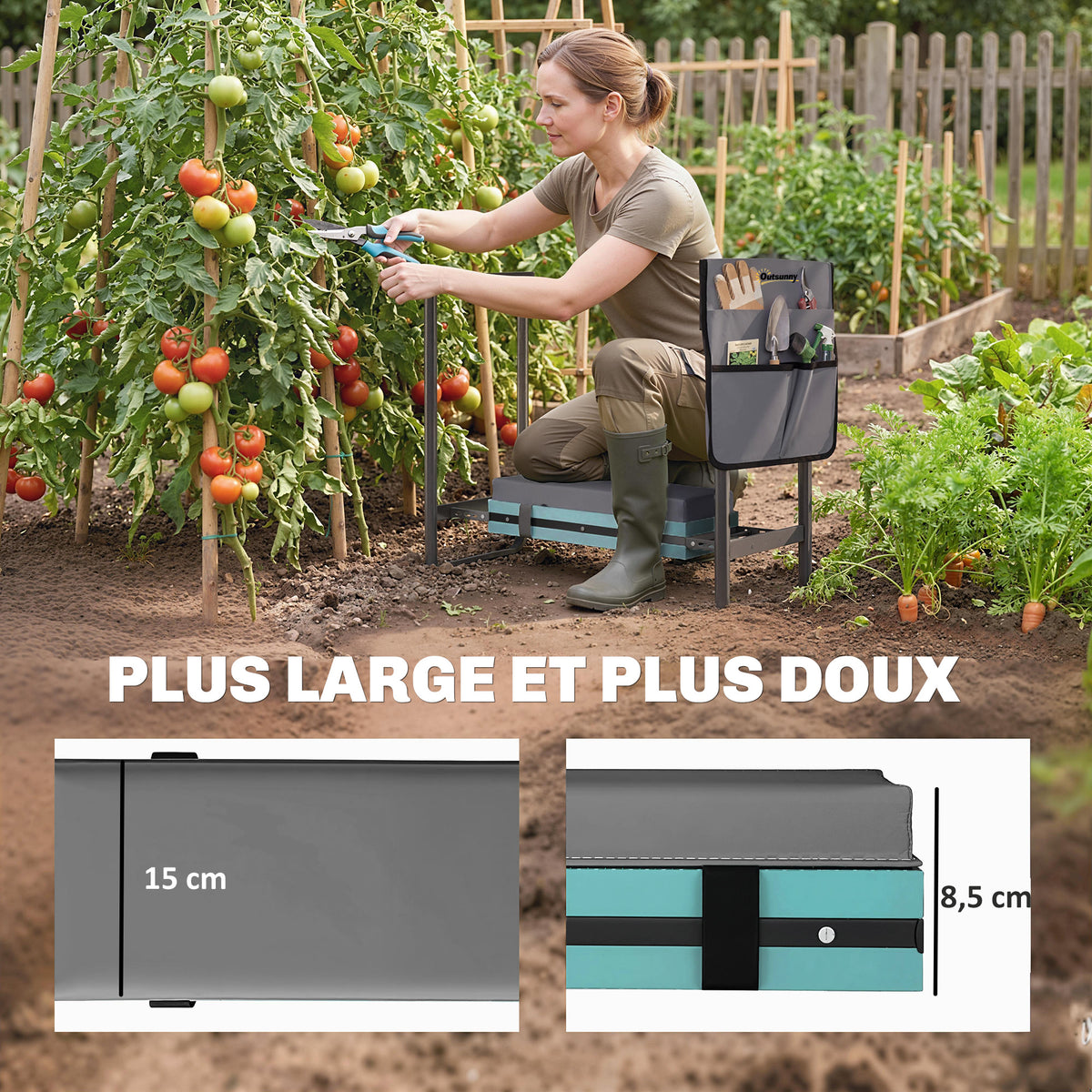 Tabouret de jardin pliable agenouilloir de jardin avec coussin rembourré en mousse EVA, poches à outils, gris foncé