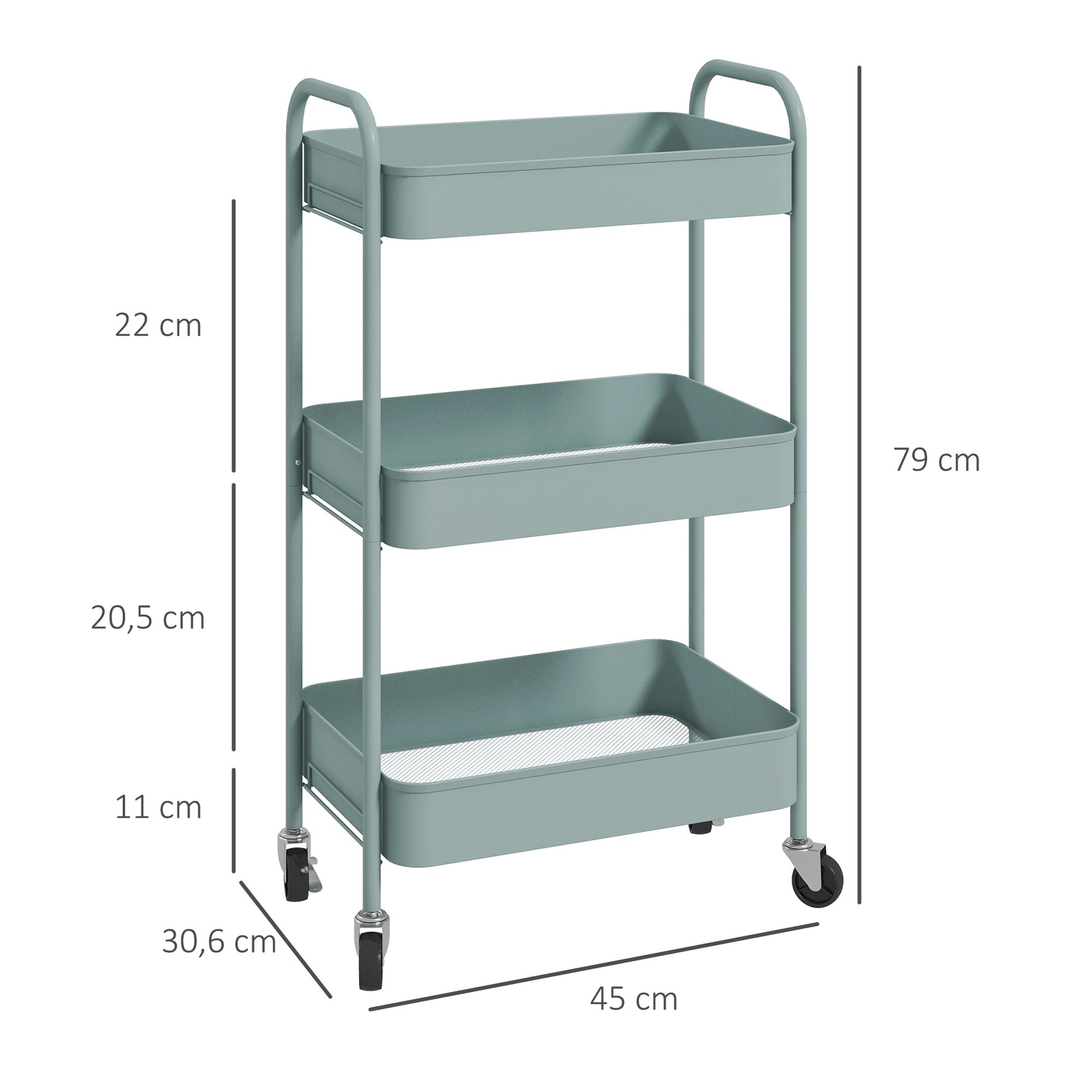 Desserte chariot de rangement en acier chariot de service à roulettes 3 plateaux ajourés 45 x 30,6 x 79 cm bleu clair